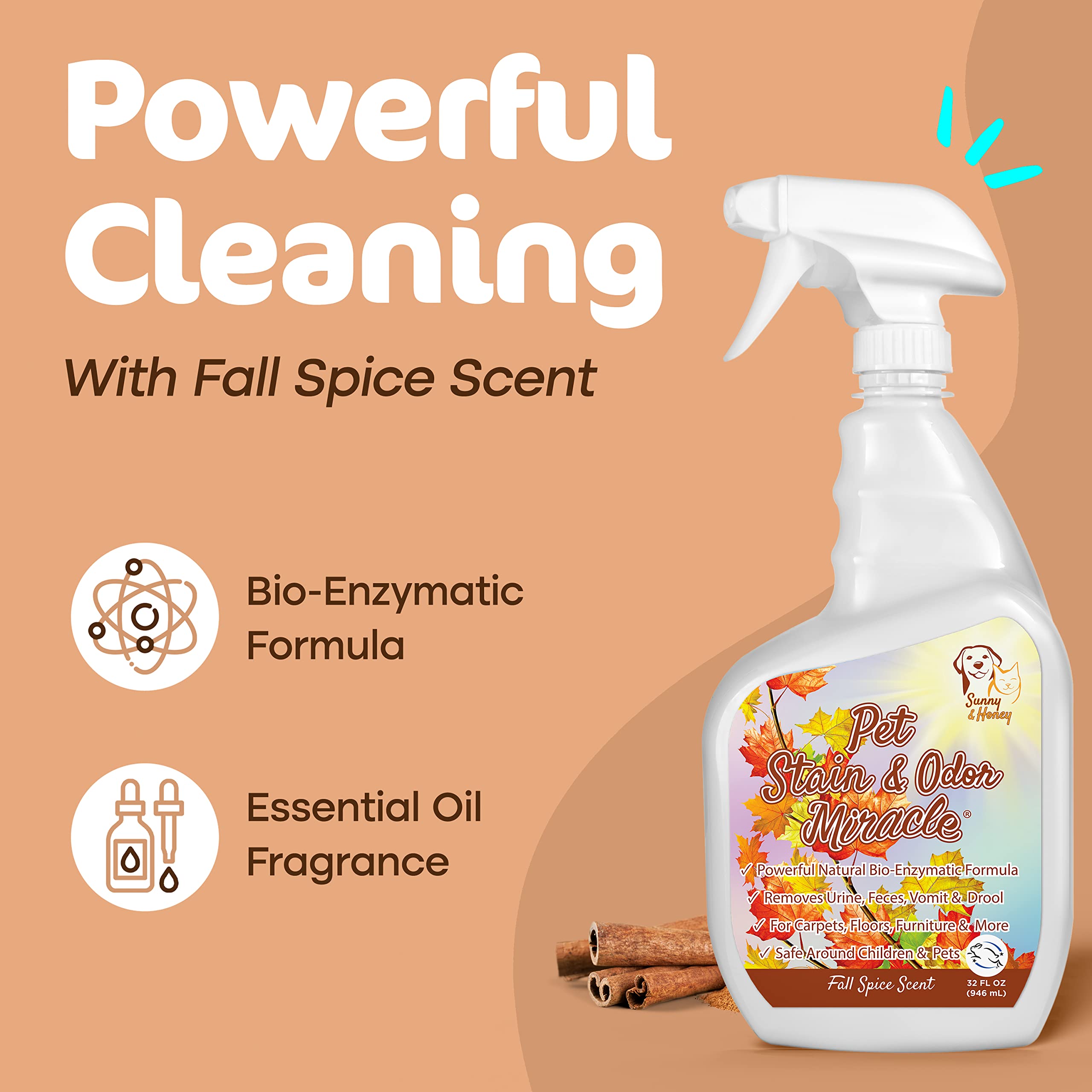 Sunny & Honey Pet Stain & Odor Miracle - Enzyme Cleaner For Dog And Cat Urine, Feces, Vomit, Drool (Fall Spice Scent, 32 Fl Oz)