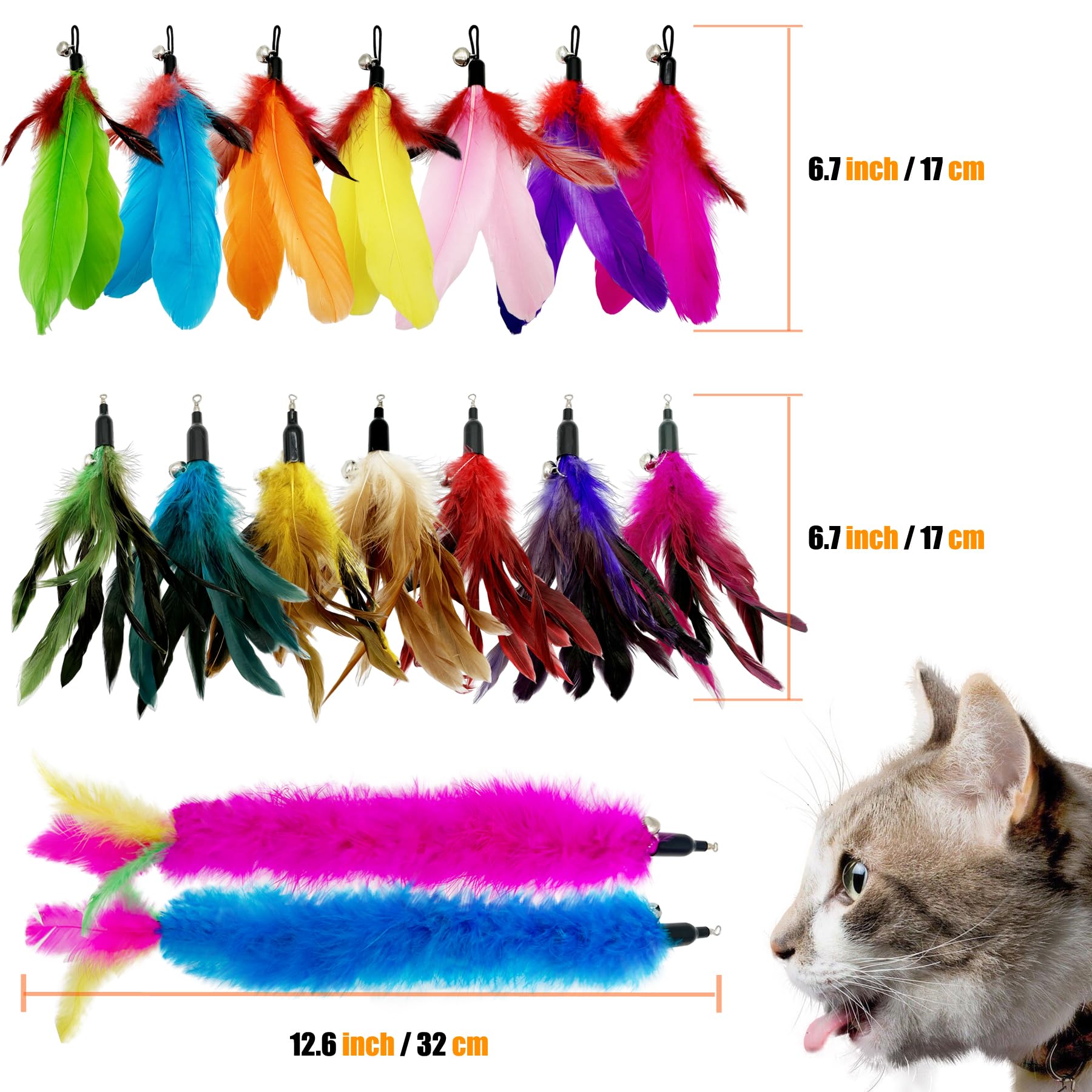 Cateneed Cat Feather Toys Refill, 16 Pieces Cat Wand Replacement Feathers Toy For Indoor Cats