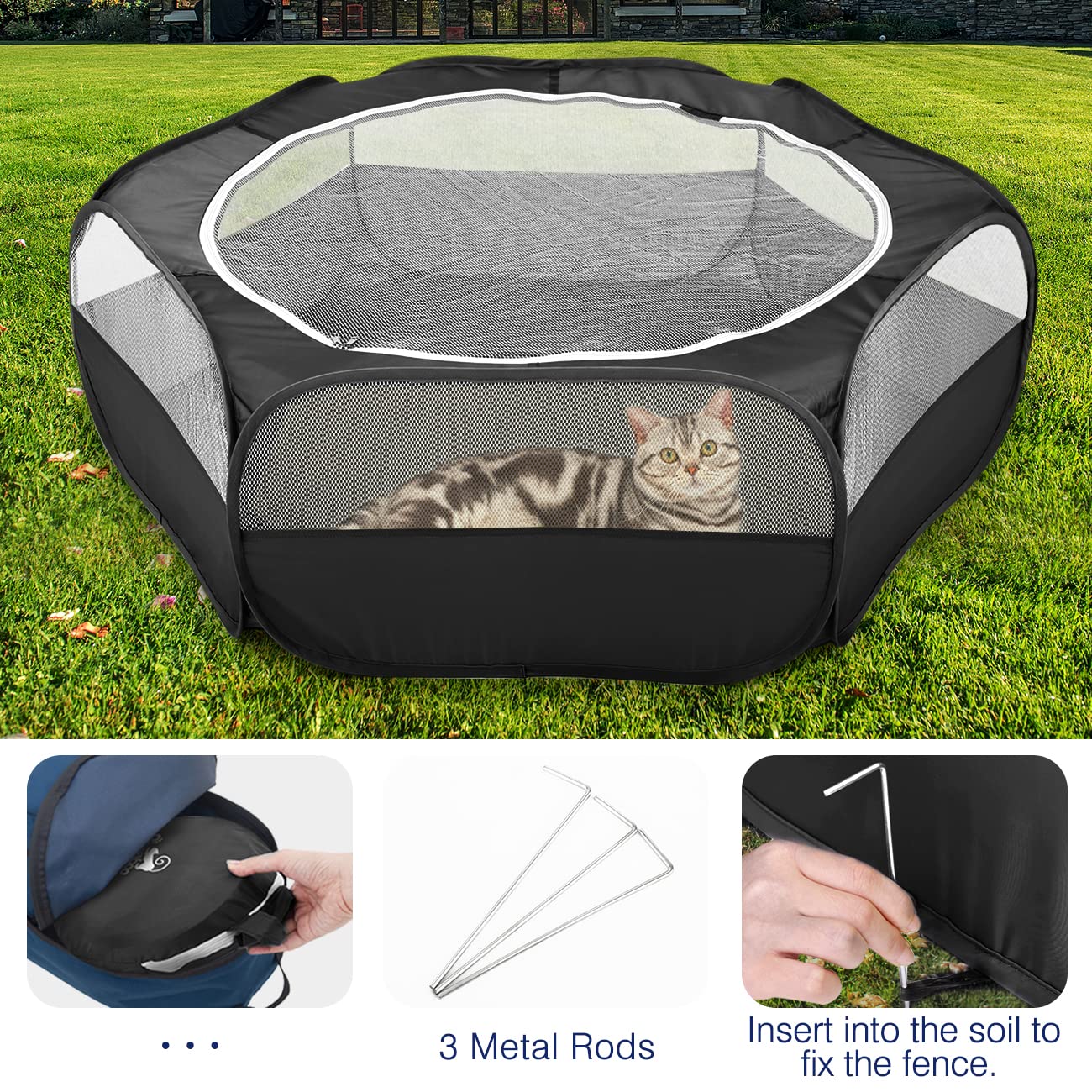 Pawaboo Small Animals Playpen, Waterproof Small Pet Cage Tent With Zippered Cover, Portable Outdoor Yard Fence With 3 Metal Rod For Kitten/Puppy/Guinea Pig/Rabbits/Hamster/Chinchillas, Black