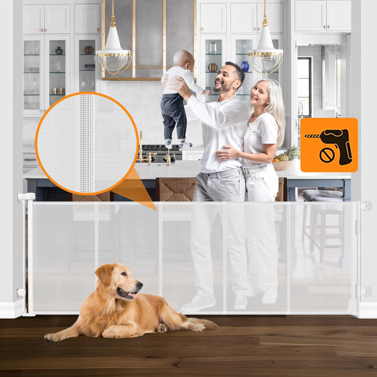 Reinforced No Drill 100'' Wide Retractable Baby Gates No Drilling Retractable Dog Gates for Doorways Extra Wide No Drill Baby Ga