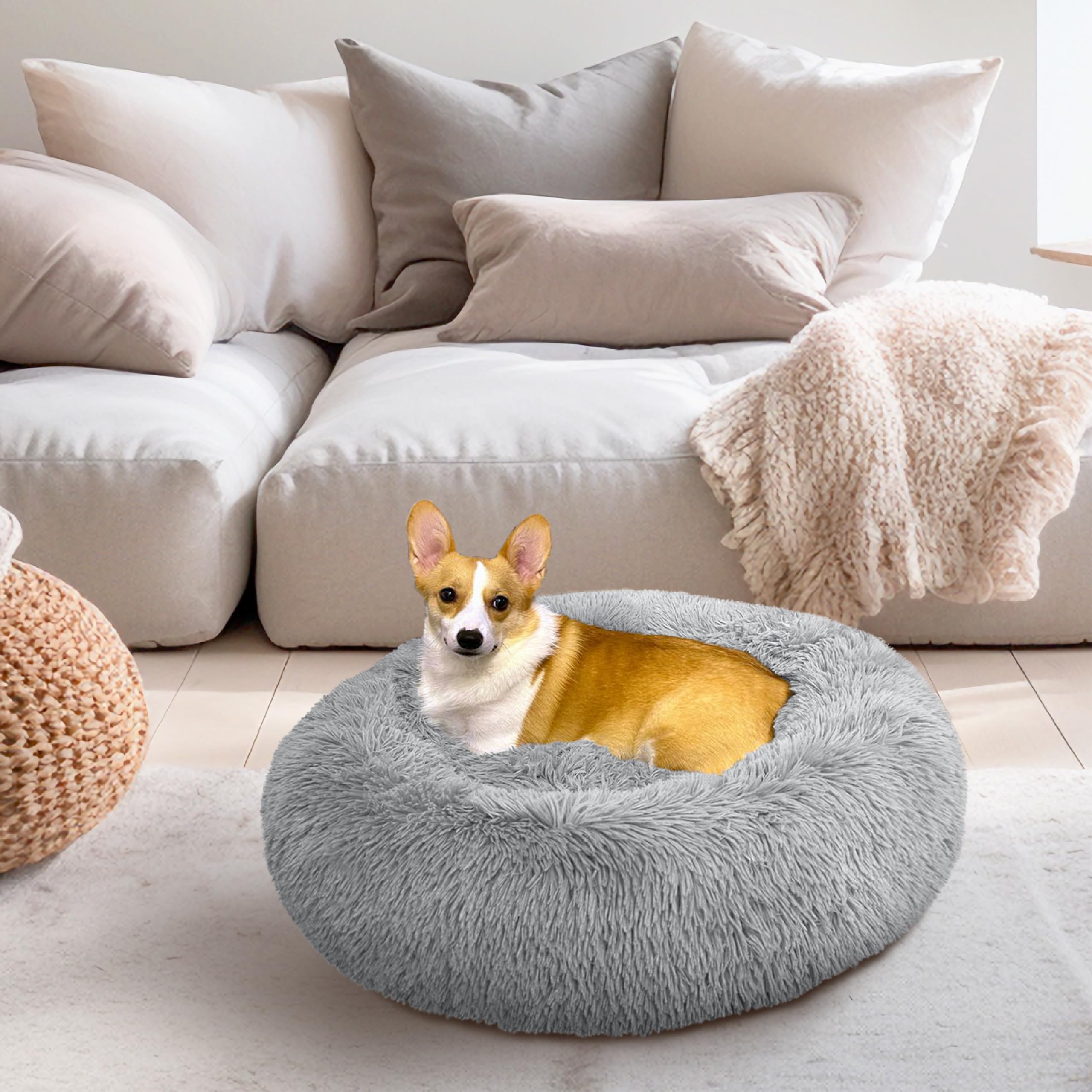 Petami Small Calming Dog Bed For Dogs Puppy, Round Washable Pet Bed For Cat Kitten, Anti Anxiety Dog Bed Cuddler For Couch, Fluf