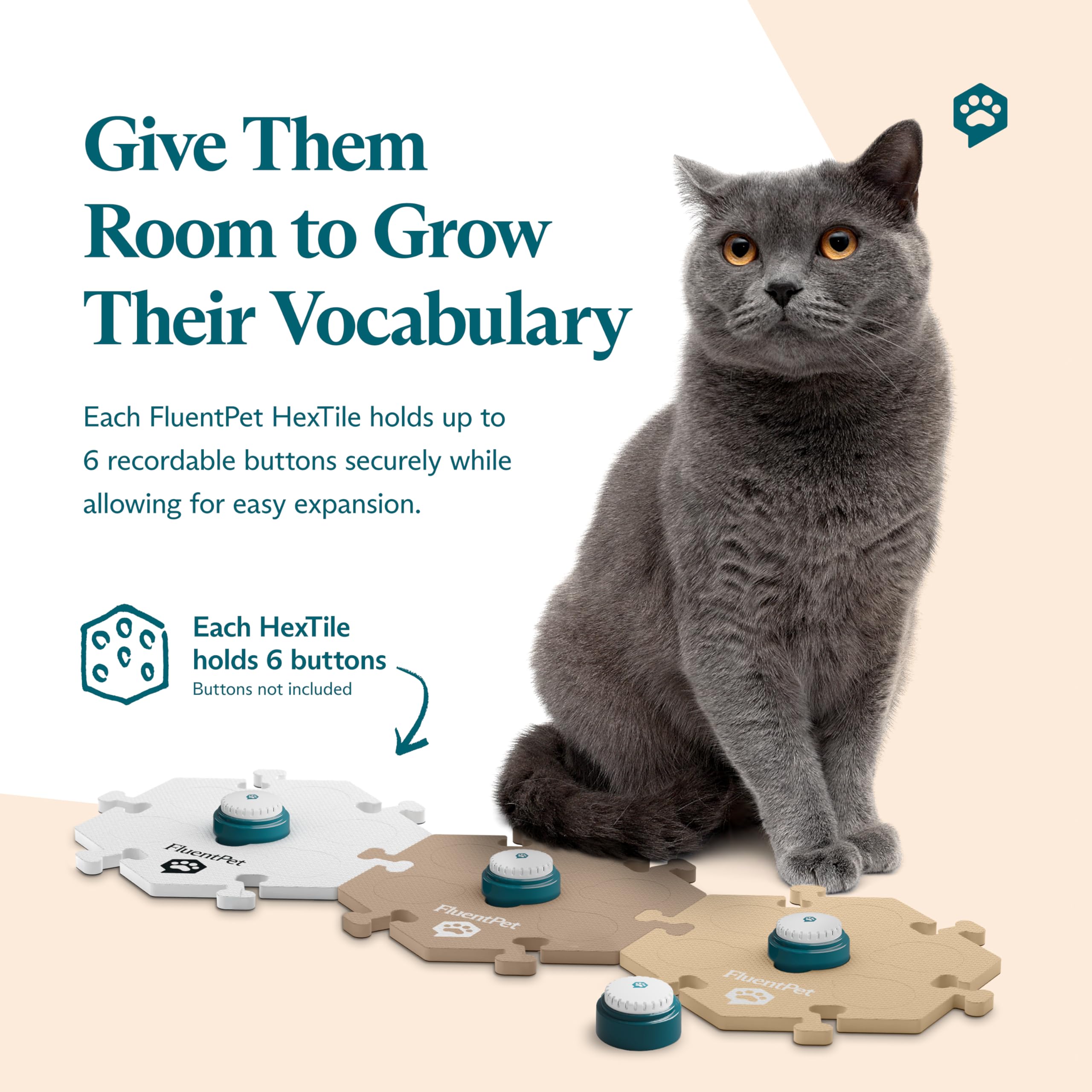 Fluentpet Hextile - Medium Beige | Accessory Dog And Cat Button Learning Kits | Can Hold Up To 6 Buttons | Soft, Durable, And No