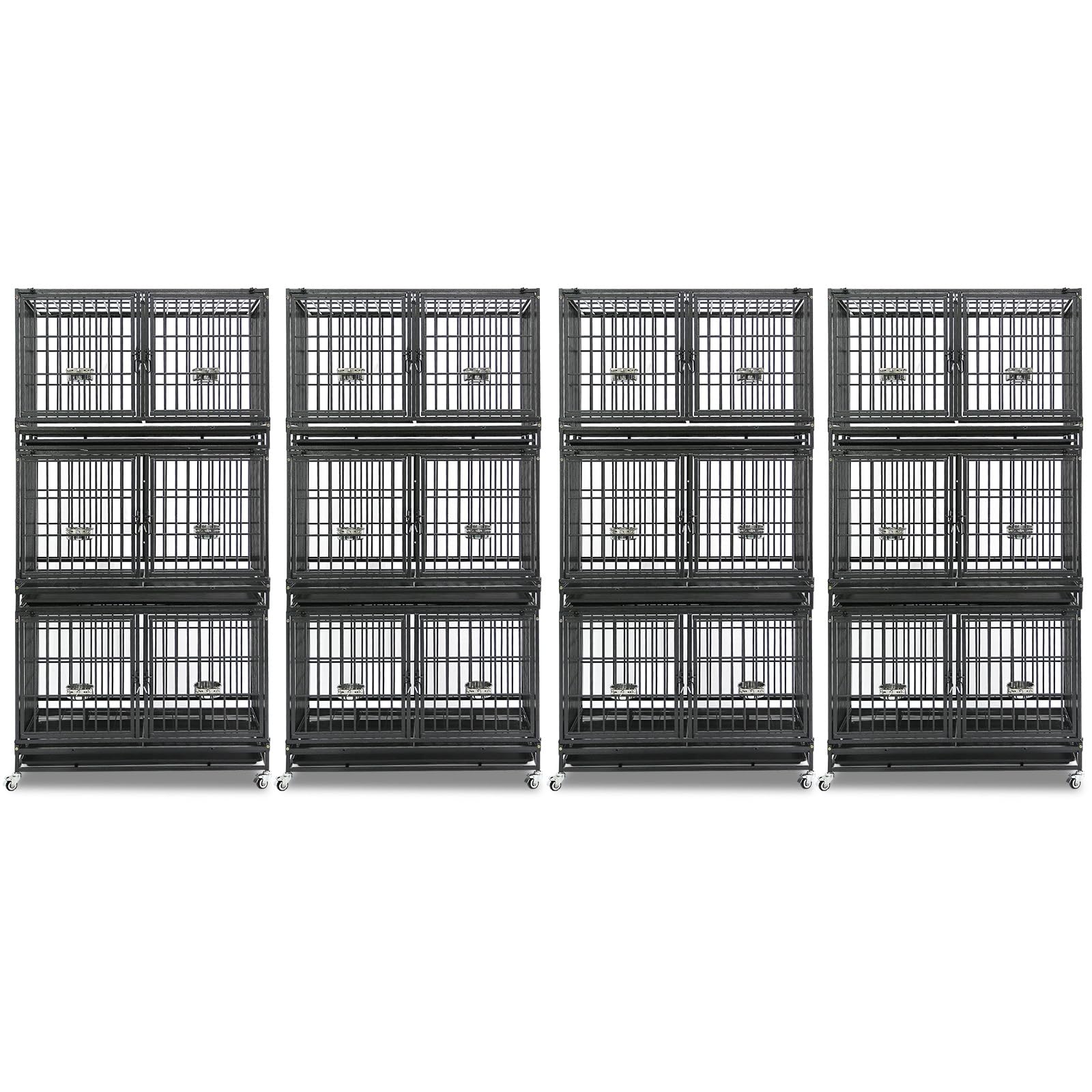 Homey Pet 4 Pack Three Tiers 43 inch Dog Crate with Wheels, Stackable Heavy Duty Indestructible Steel Dog Cage Kennel Indoor wit