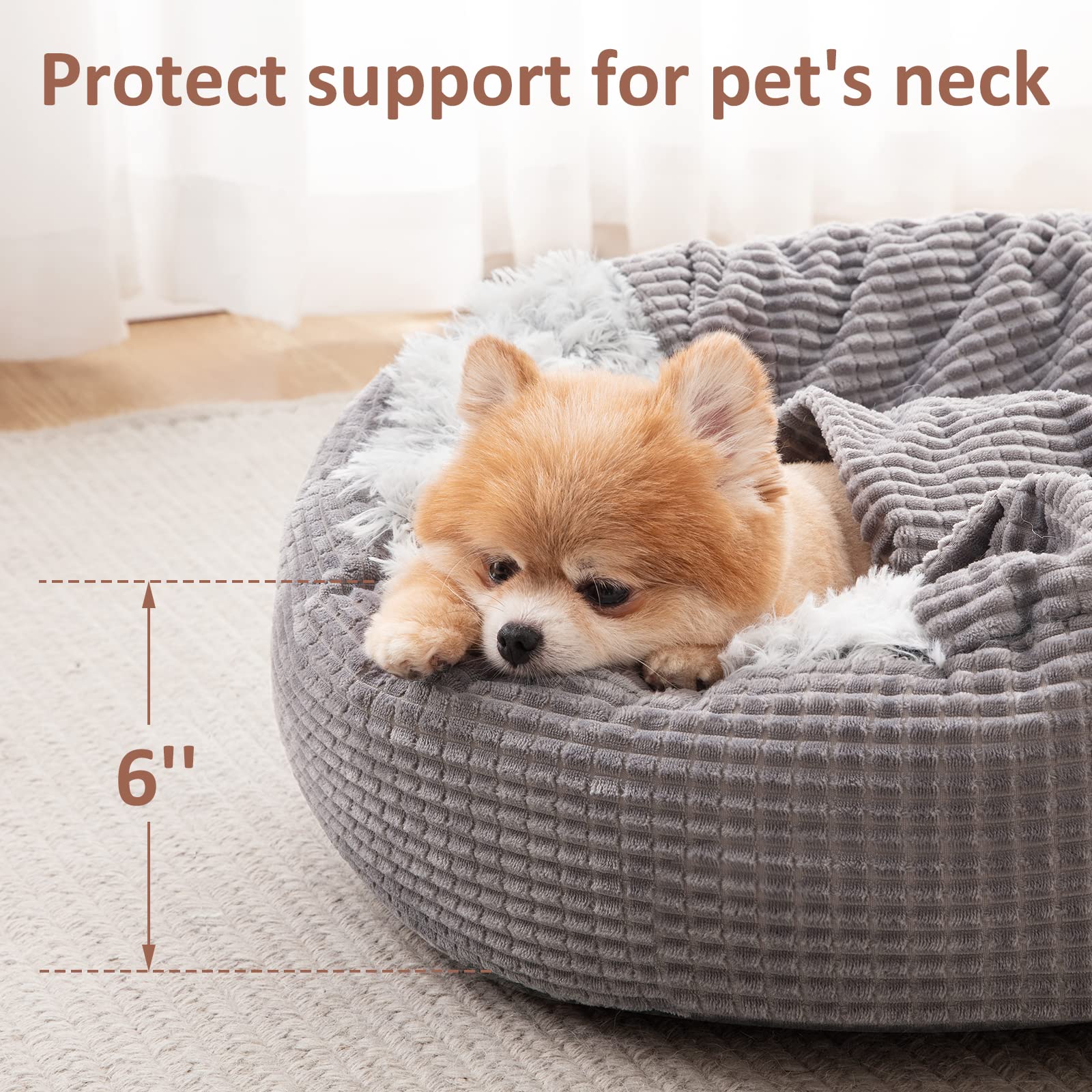 Mixjoy Small Dog Bed With Blanket, Round Calming Cozy Cave For Puppies, Soft Plush Cuddler, Anti-Slip Bottom, 23Inch