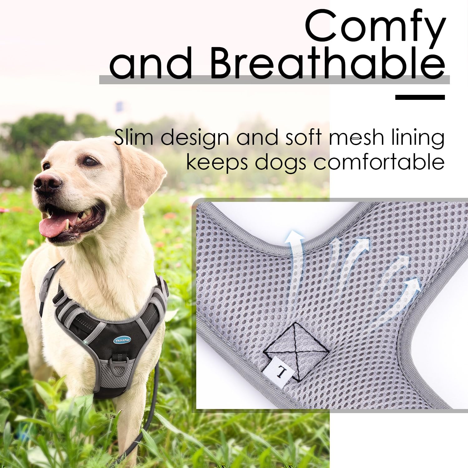 Thinkpet No Pull Harness Breathable Sport Harness With Handle-Dog Harnesses Reflective Adjustable For Medium Large Dogs,Back/Front Clip For Easy Control S Black