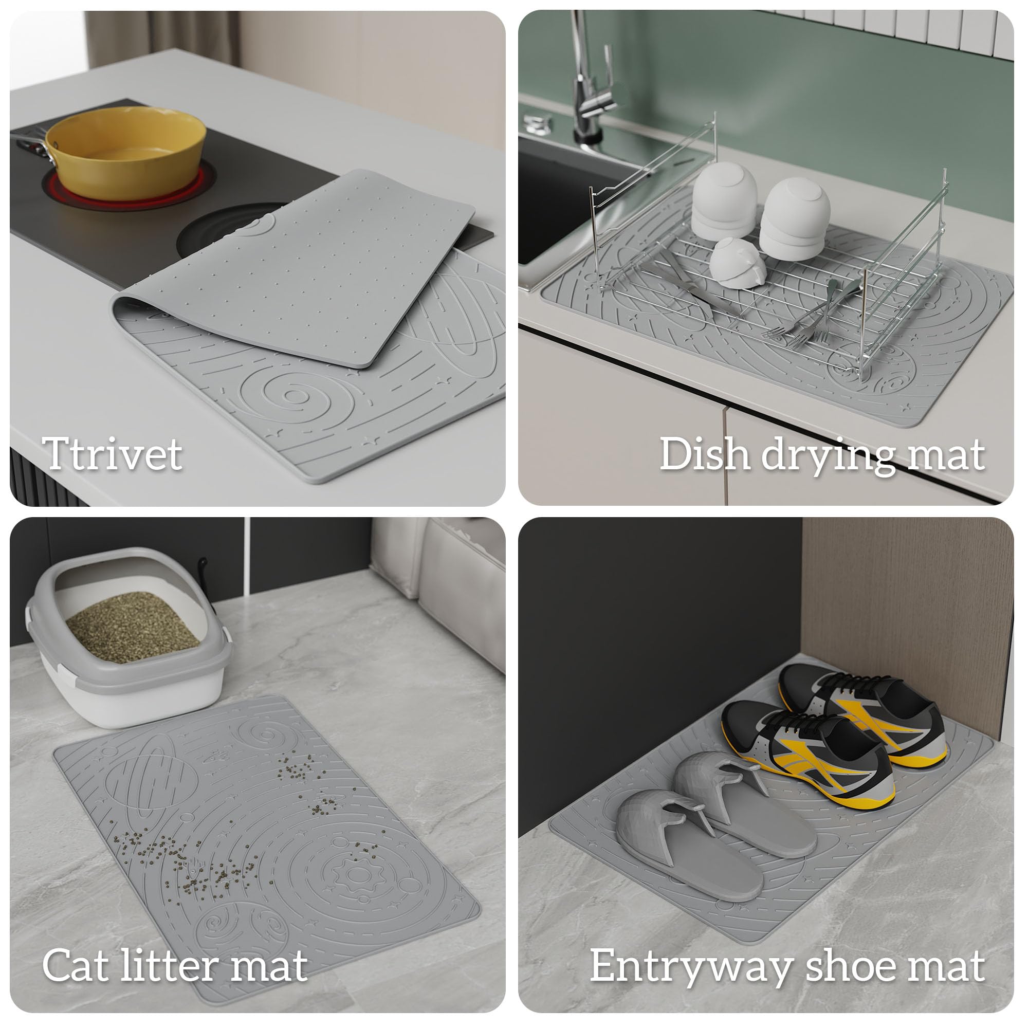 OHMO Dog Food Mat, Silicone Waterproof Non-Skid Feeding Mat, 23.6" x 15.8", Ash