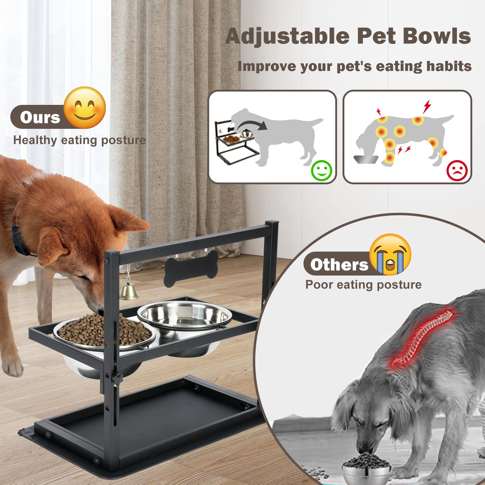 Elevated Slow Feeder Bowls For Large Dogs - Adjustable Height, 2 Stainless Steel Bowls, Spill-Proof Mat - Great For Medium Dogs