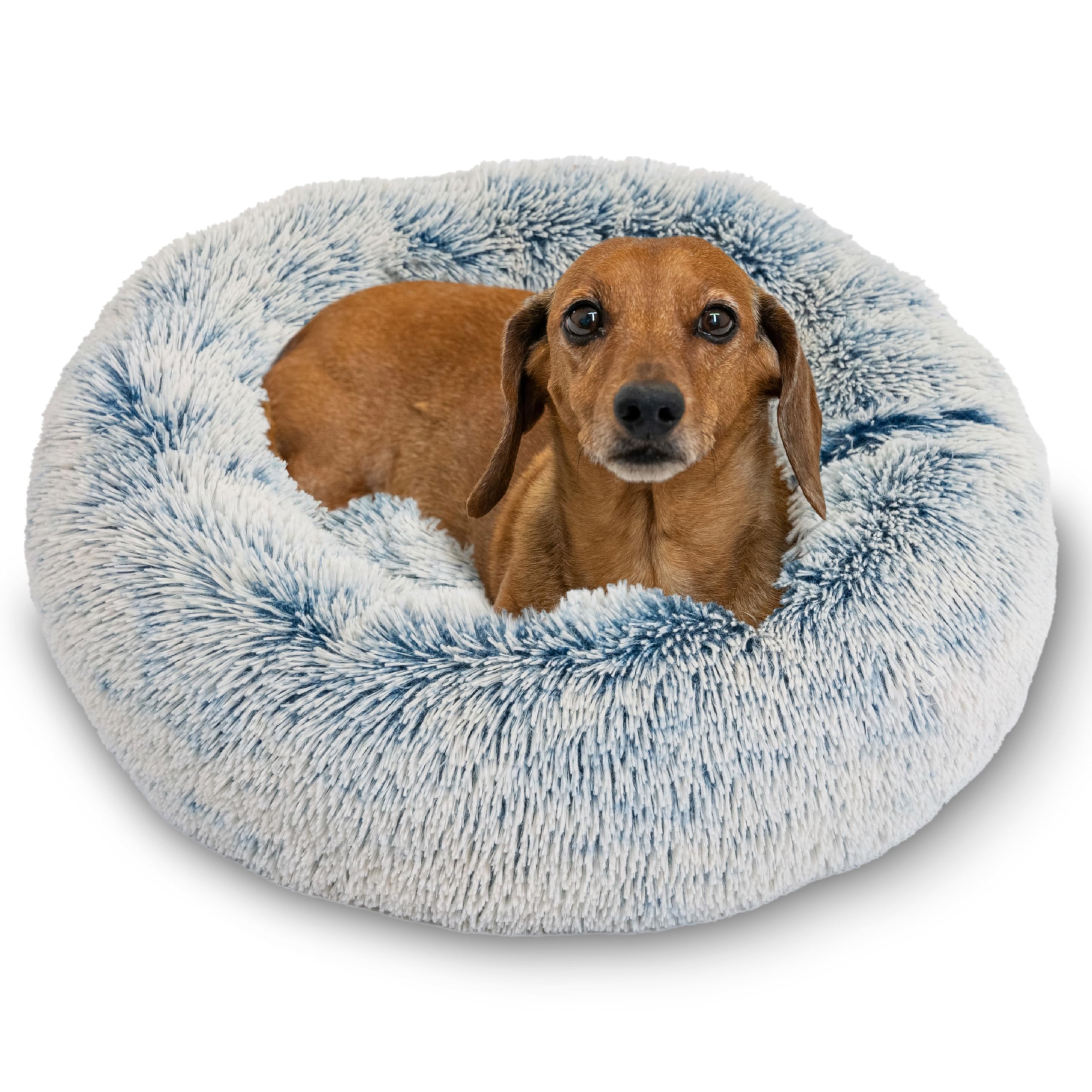 Best Friends By Sheri Original Calming Donut Dog And Cat Bed, Shag Faux Fur, Denim Blue, Small (23X23) - Helps Provide Anxiety R