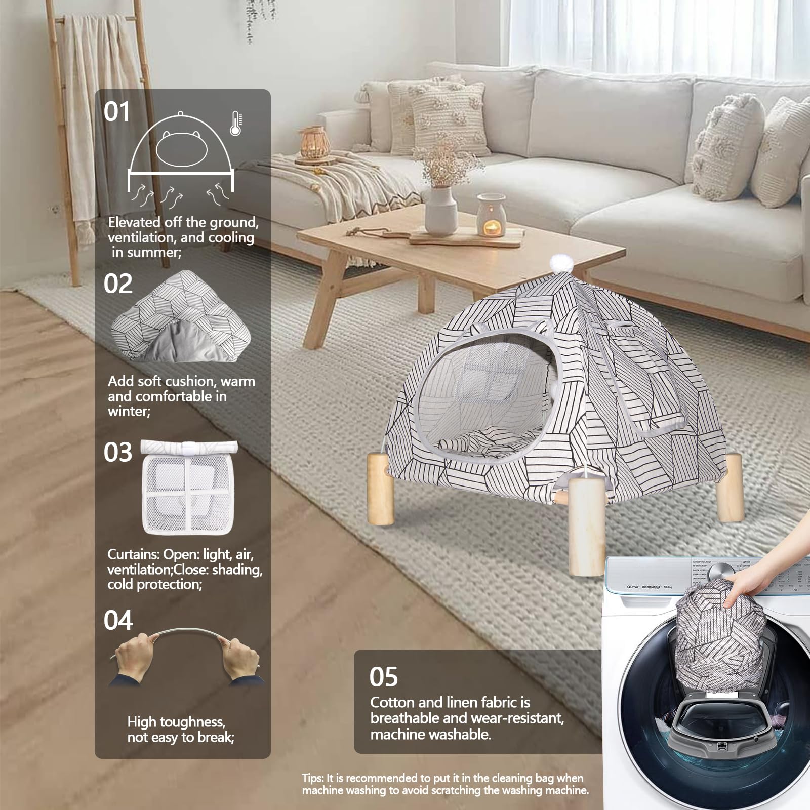 Nockovi 2-In-1 Elevated Cat Tent Cat House, Quick Assembly And Disassembly, Portable Indoor/Outdoor Cute Cat Bed Cave-White Diam