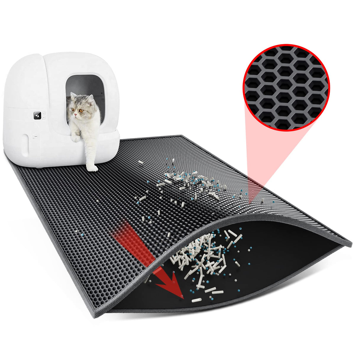 Waretary Cat Litter Mat, 30' X 24' Litter Trapping Mat, Double Layer Honeycomb Litter Box Mat, Urine & Waterproof Kitty Litter Mat, Scatter Control Easy Clean (Black)
