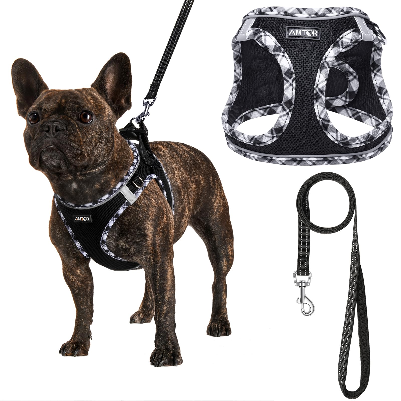 Amtor Dog Harness With Leash Set,No Pull Adjustable Reflective Step-In Puppy Harness With Padded Vest For Extra-Small/Small Medium Large Dogs And Cats(Blackwhite)
