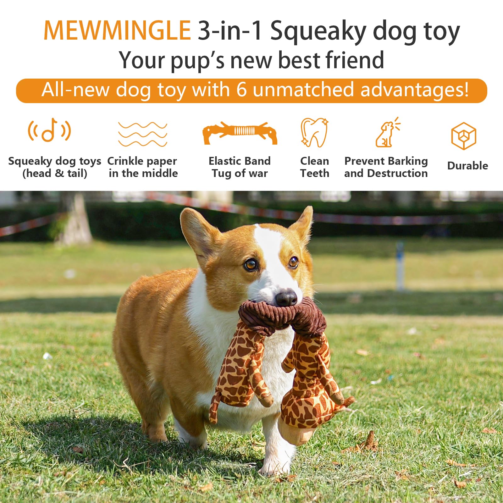 MEWMINGLE 3-in-1 Squeaky Dog Toy for Chewer (Squeaker, Crinkle Paper & Elastic Band), Durable Interactive Puppy Plush Stuffed Ch