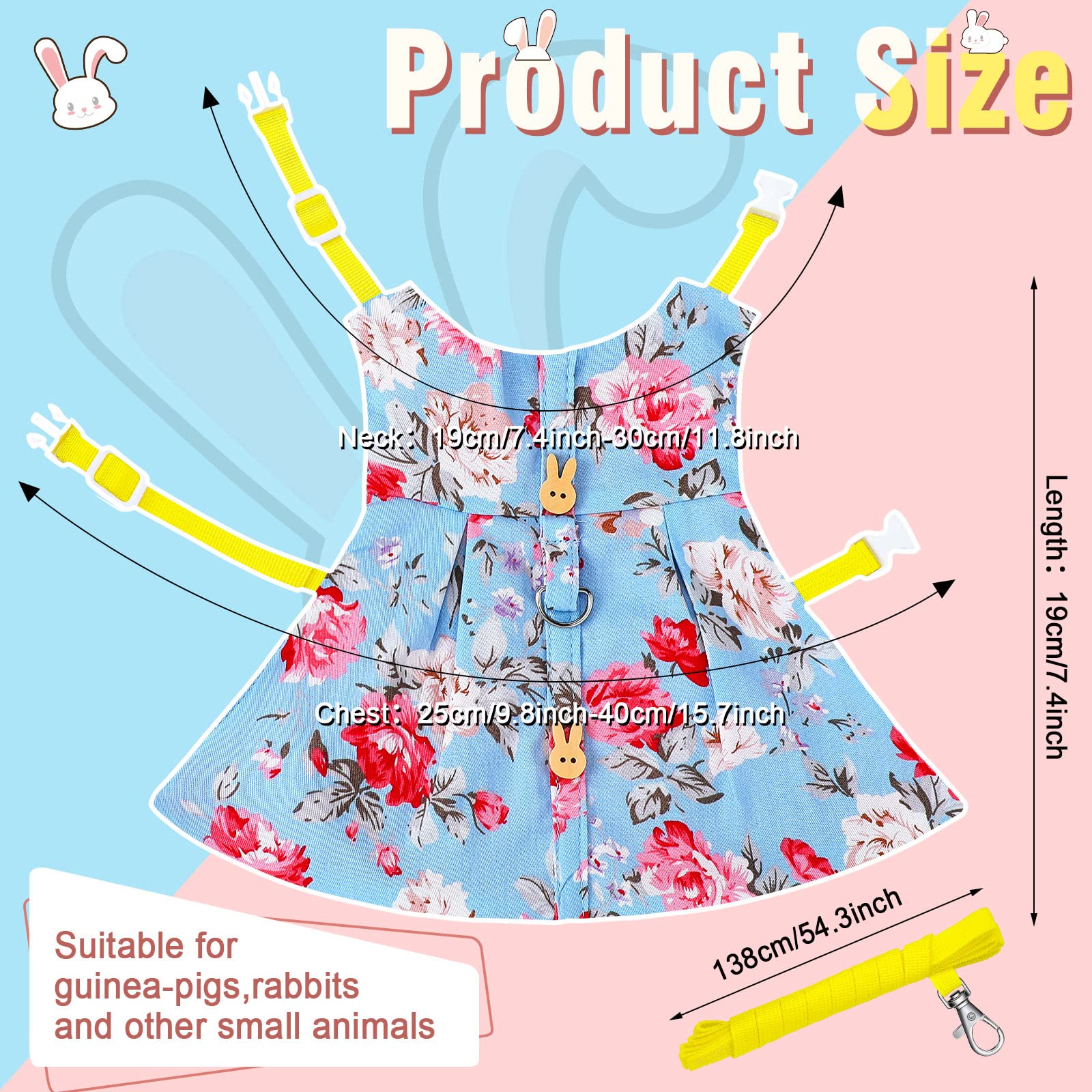 3 Piece Cute Rabbit Leash And Harness Set, Bunny Rabbit Dress Clothes Walking Harness Vest Escape Proof Pet Supply For Rabbit Hedgehog Ferret Guinea Pig (Pink Flower, Blue Flower, Daisy)