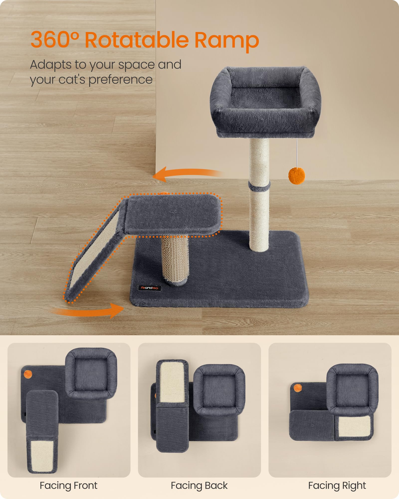 Feandrea Cat Scratching Post With Bed, Multifunctional Cat Scratcher With Perch, Rotatable Ramp, Self-Groomer, Pompoms, Small Ca