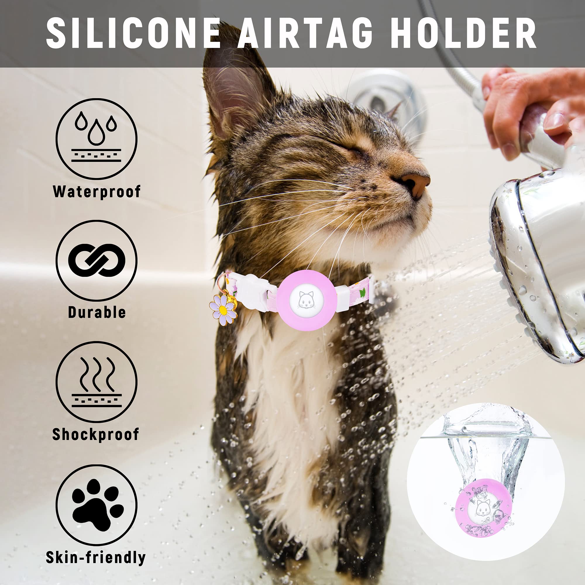 Airtag Cat Collar, Jxfukal Kitten Collar Breakaway With Silicone Airtag Holder, Bells & Flower Charm For Girl Cats Boy Cats Small Dogs(Purple)