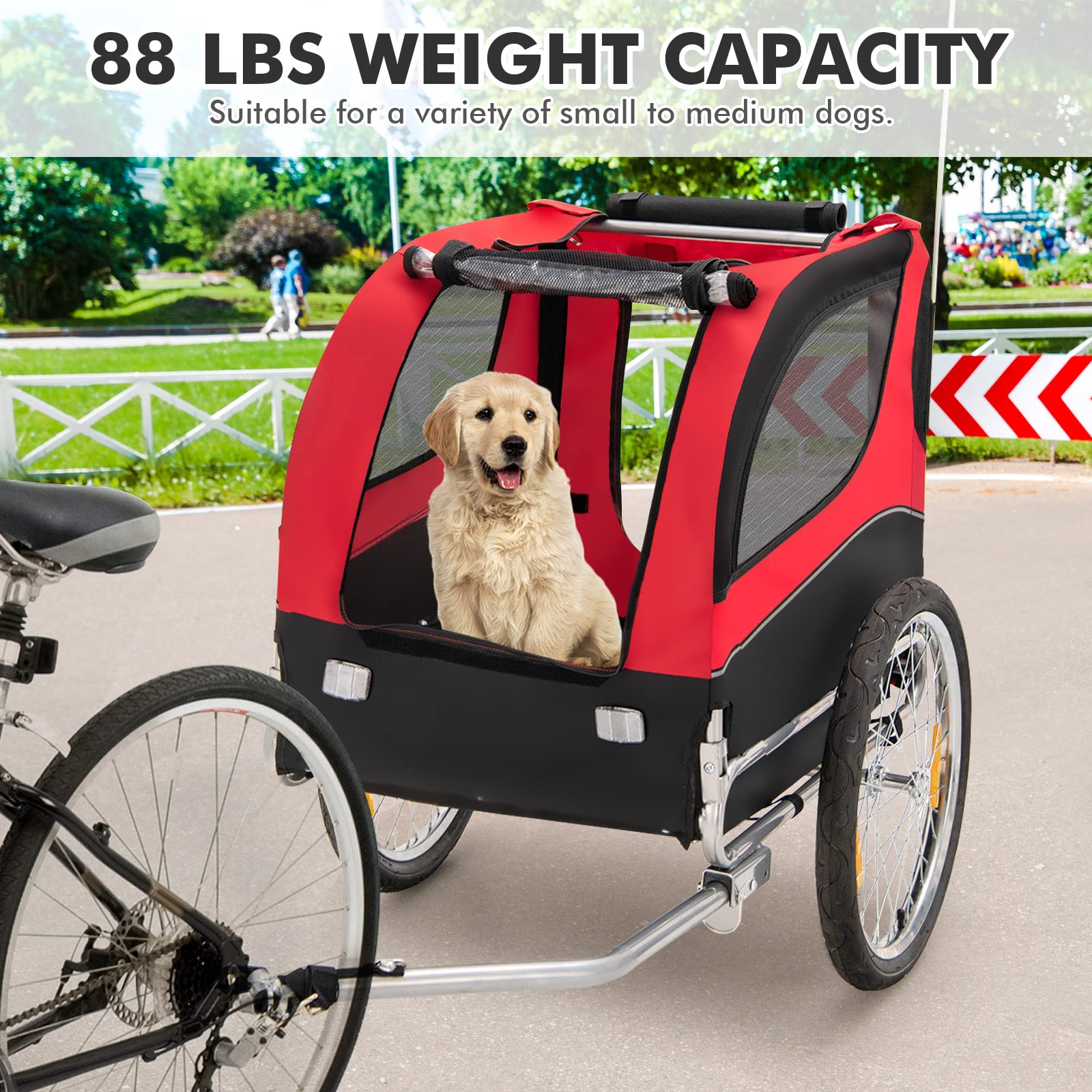 Tangkula Dog Bike Trailer, Breathable Mesh Dog Cart With 3 Entrances, Safety Flag, 8 Reflectors, Folding Pet Carrier Wagon With 20 Inch Wheels, Bicycle Carrier For Medium And Small Sized Dogs (Red)