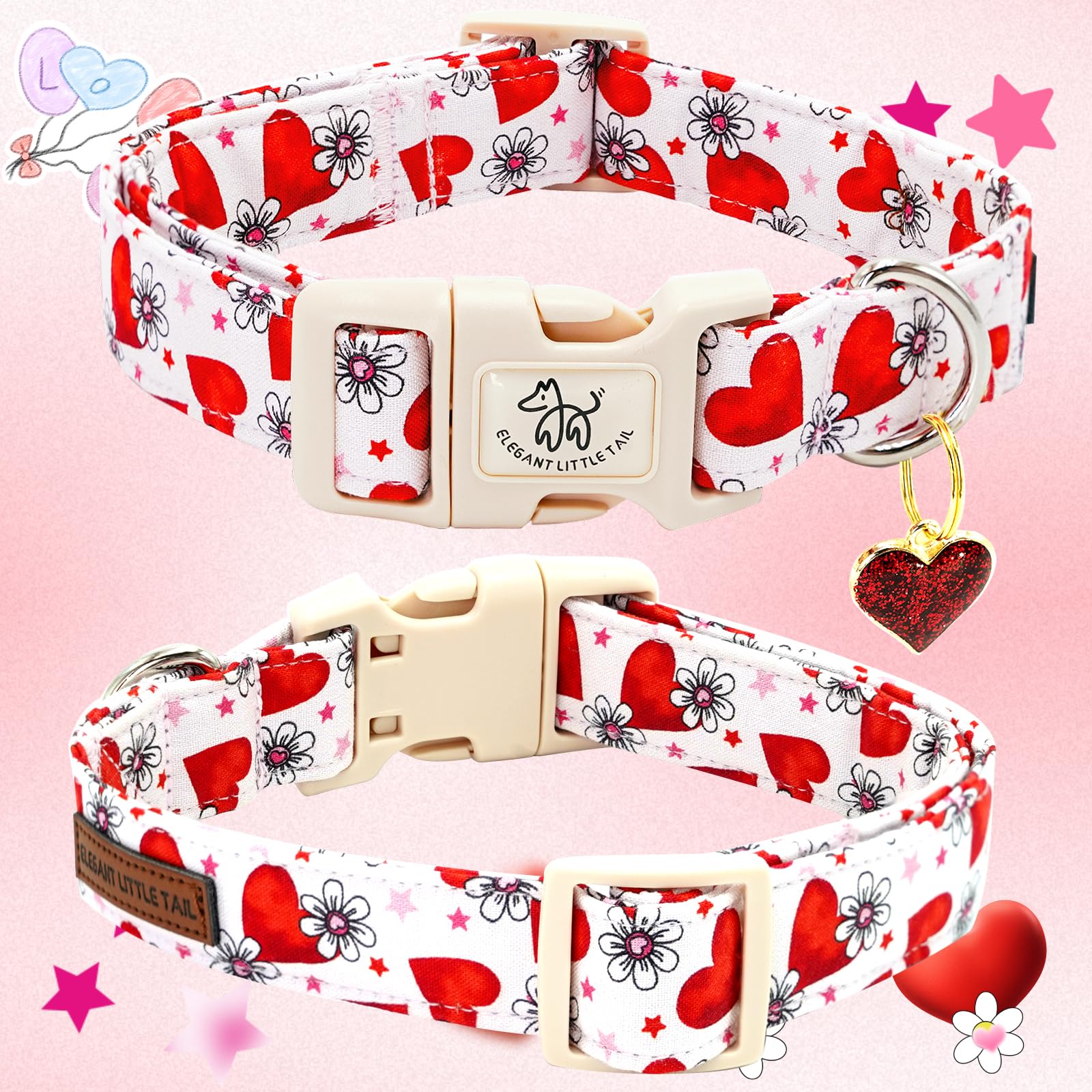 Elegant Little Tail Valentine'S Dog Collar, Flower Pink Heart Dog Collar For Small Dogs, Female Or Male Adjustable Cotton Pet Co