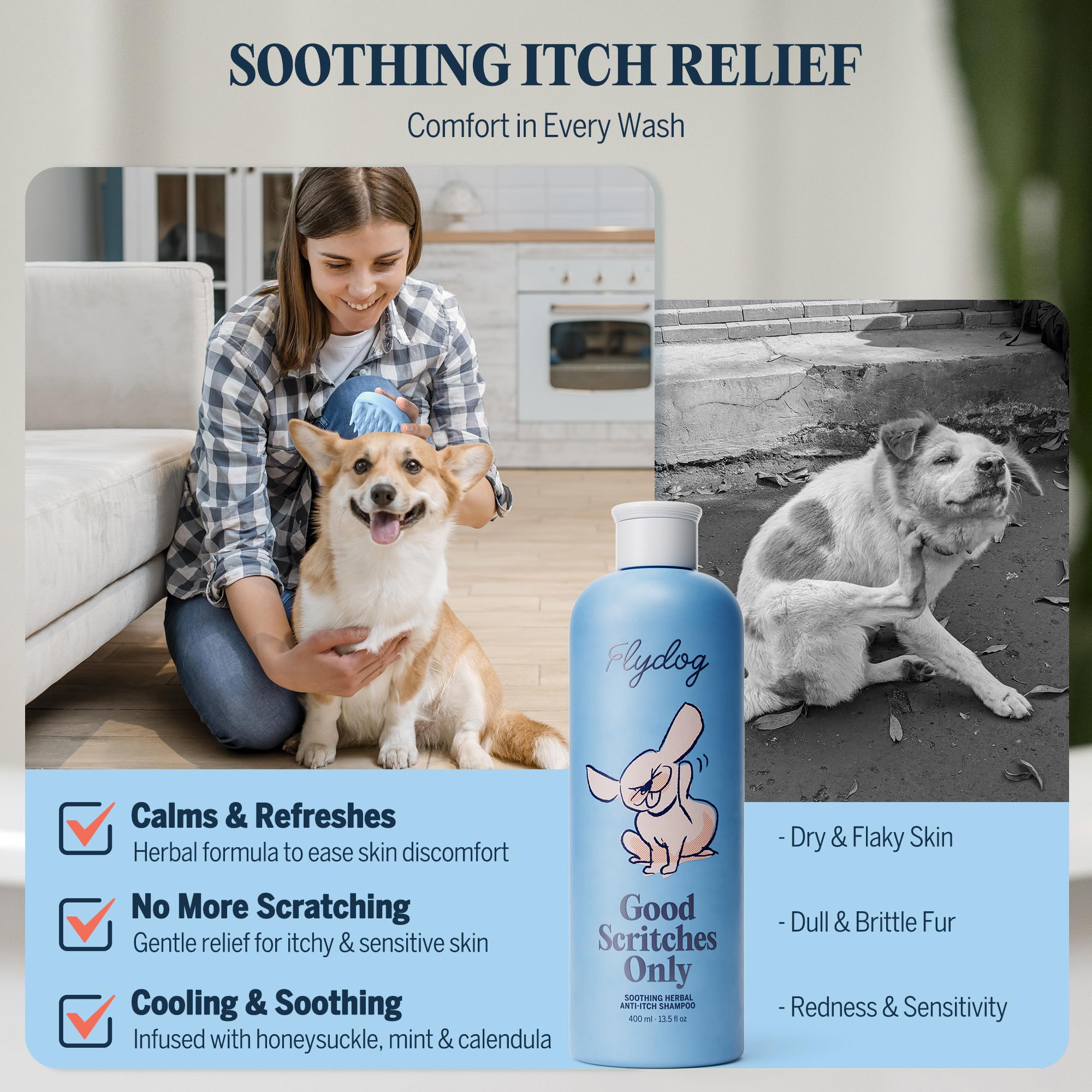 Flydog Dog Shampoo for Itchy Skin Relief - Herbal, Hypoallergenic, Deodorizing, 16 oz, Blue