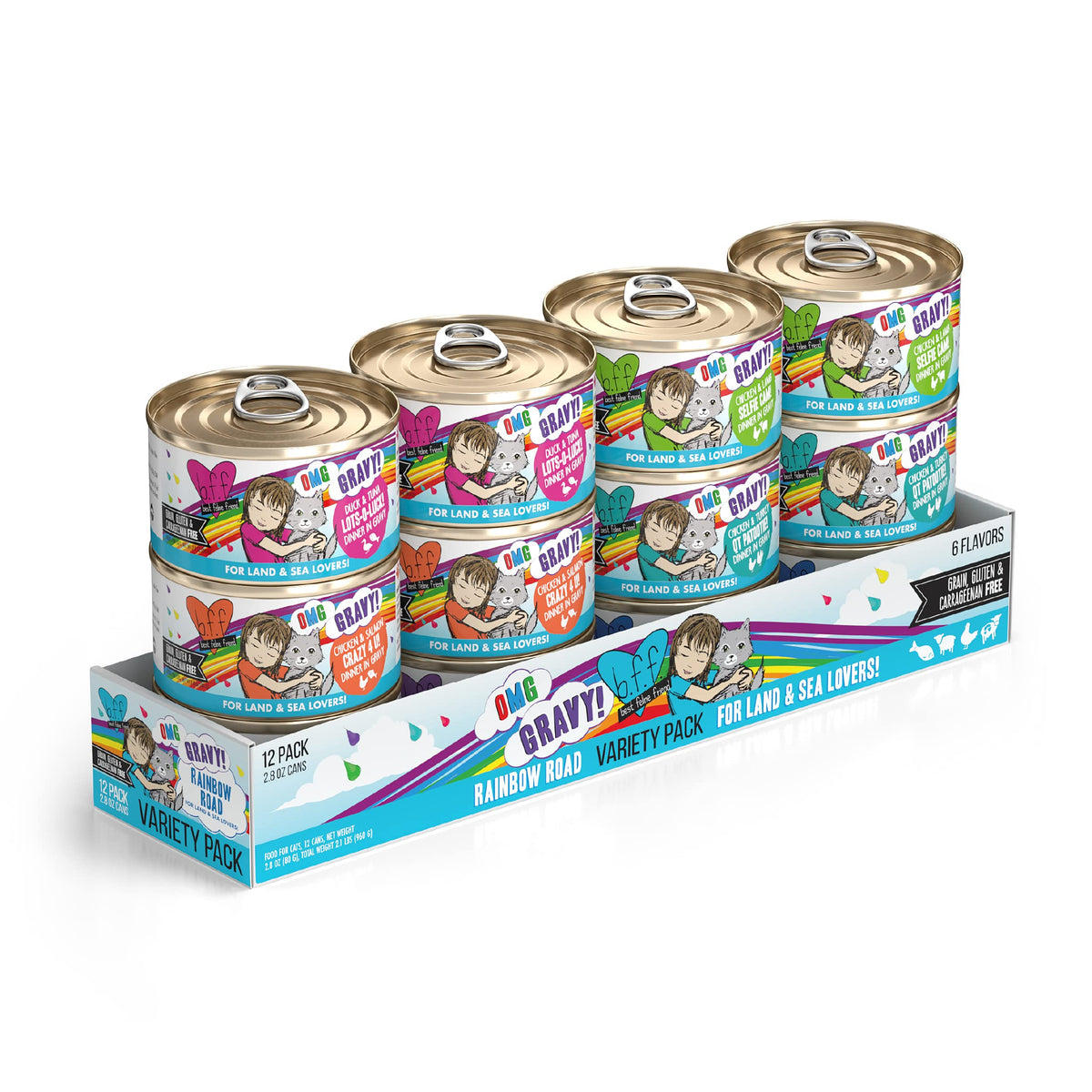 Weruva B.F.F. Omg - Best Feline Friend Oh My Gravy!, Variety Pack, Rainbow Road, Wet Cat Food By, 2.8Oz Can (Pack Of 12)