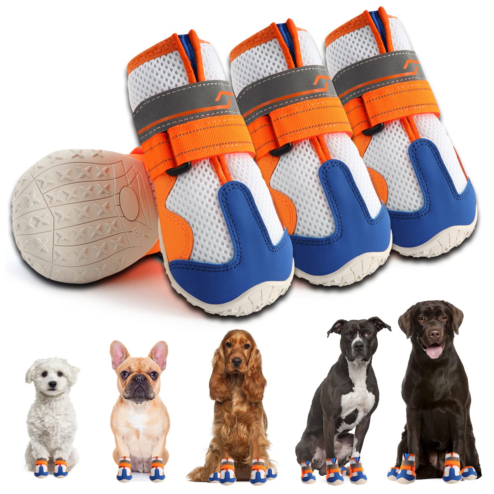 Dog Shoes For Large Dogs: Breathable Medium Dog Boots Paw Protector For Summer Hot Pavement Winter Snow, Outdoor Walking Dog Booties, Indoor Hardfloors Anti-Slip Sole Orange & Blue 4Pcs-Size 6