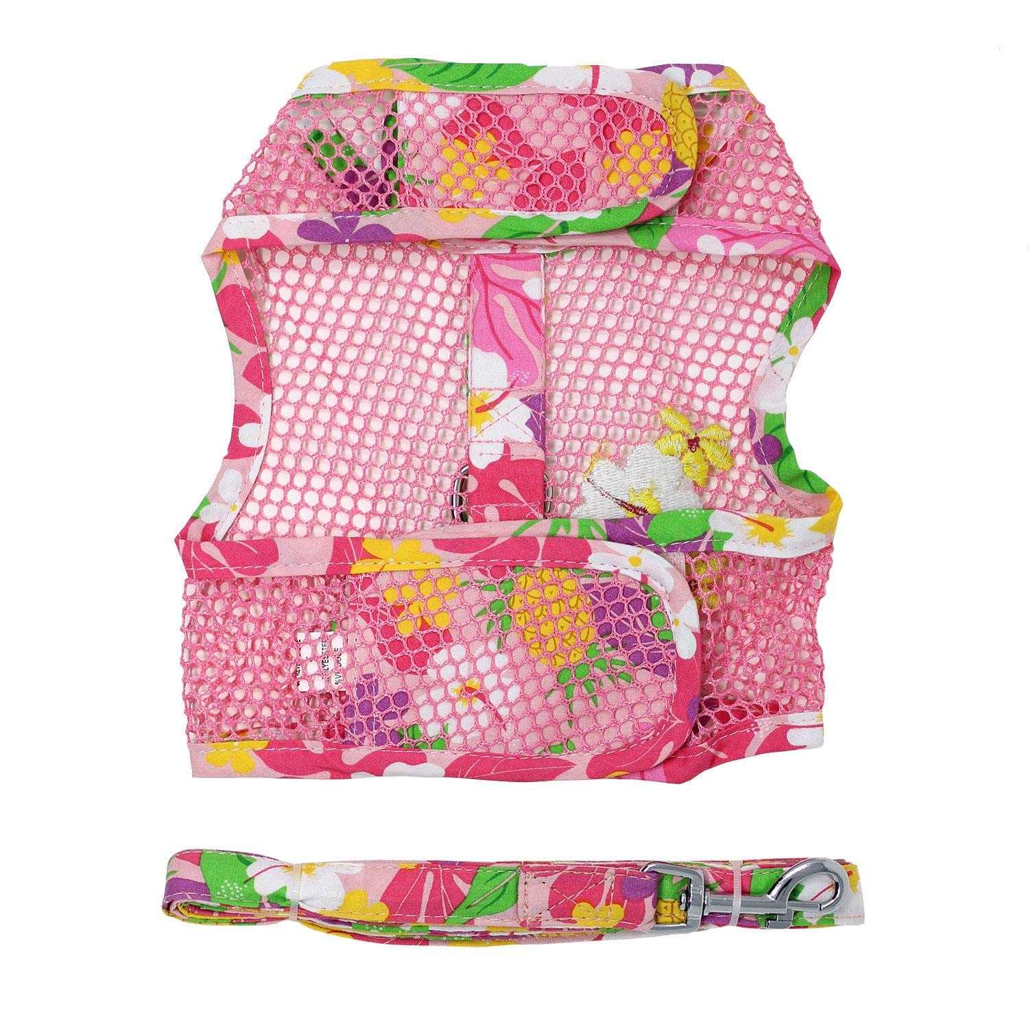 Cool Mesh Dog Harness - Dog Vest For Pets, Simple Step In And Go Design, Harness For Dogs With Leash, Pink Hawaiian Floral, Medi