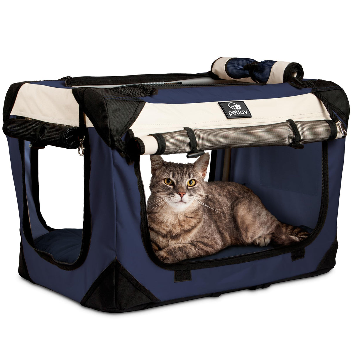 Petluv Large Cat & Dog Carrier For 2 Cats Or Medium Dogs, Soft-Sided, Collapsible With Locking Zippers, Portable Travel Bag With Soft Bed, Navy