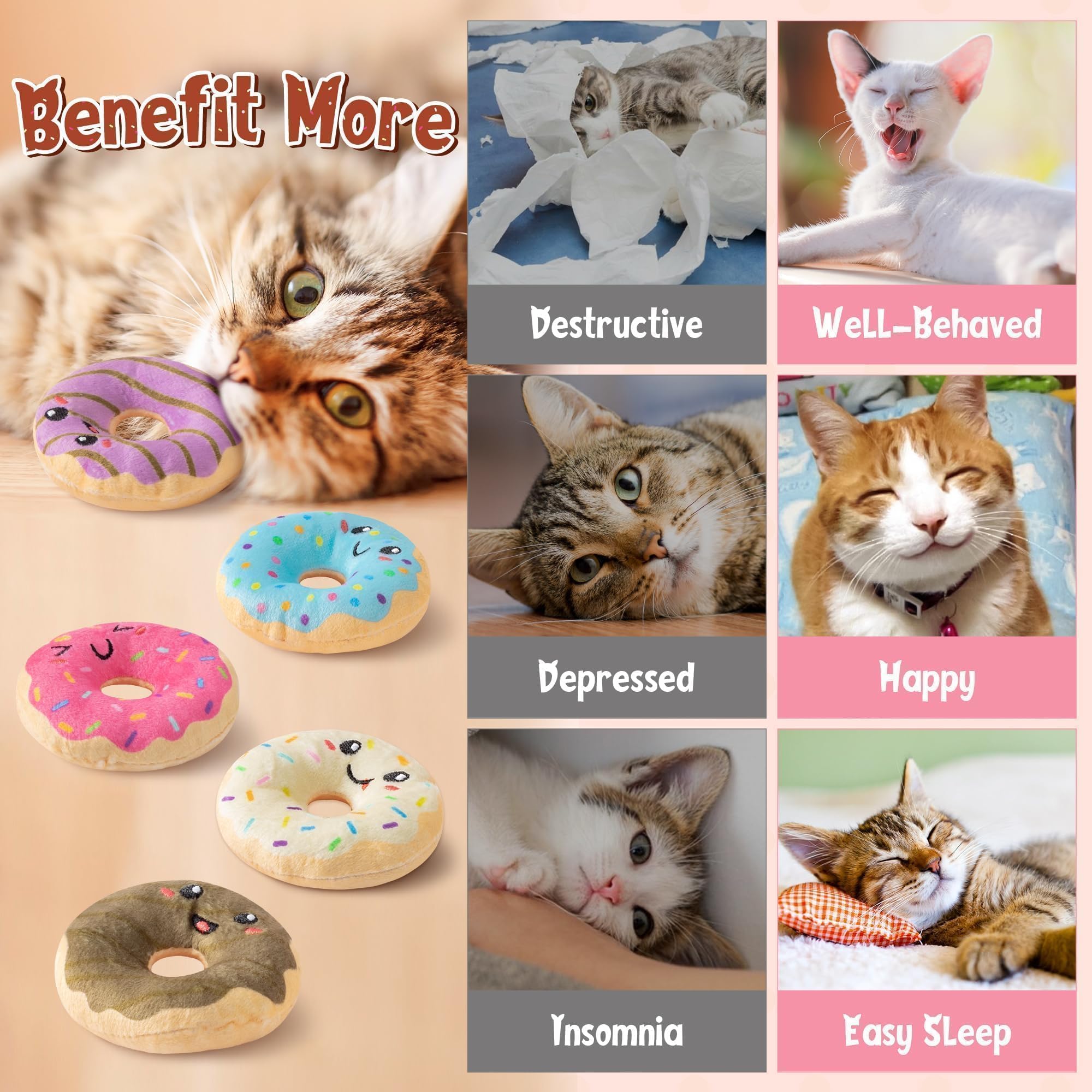 L1Rabe Summer Donut Catnip Stuffed Toys - 5Pcs Funny Dessert Cat Toys Black Cat Appreciation Day Pet Supplies, Indoor Cats Chew