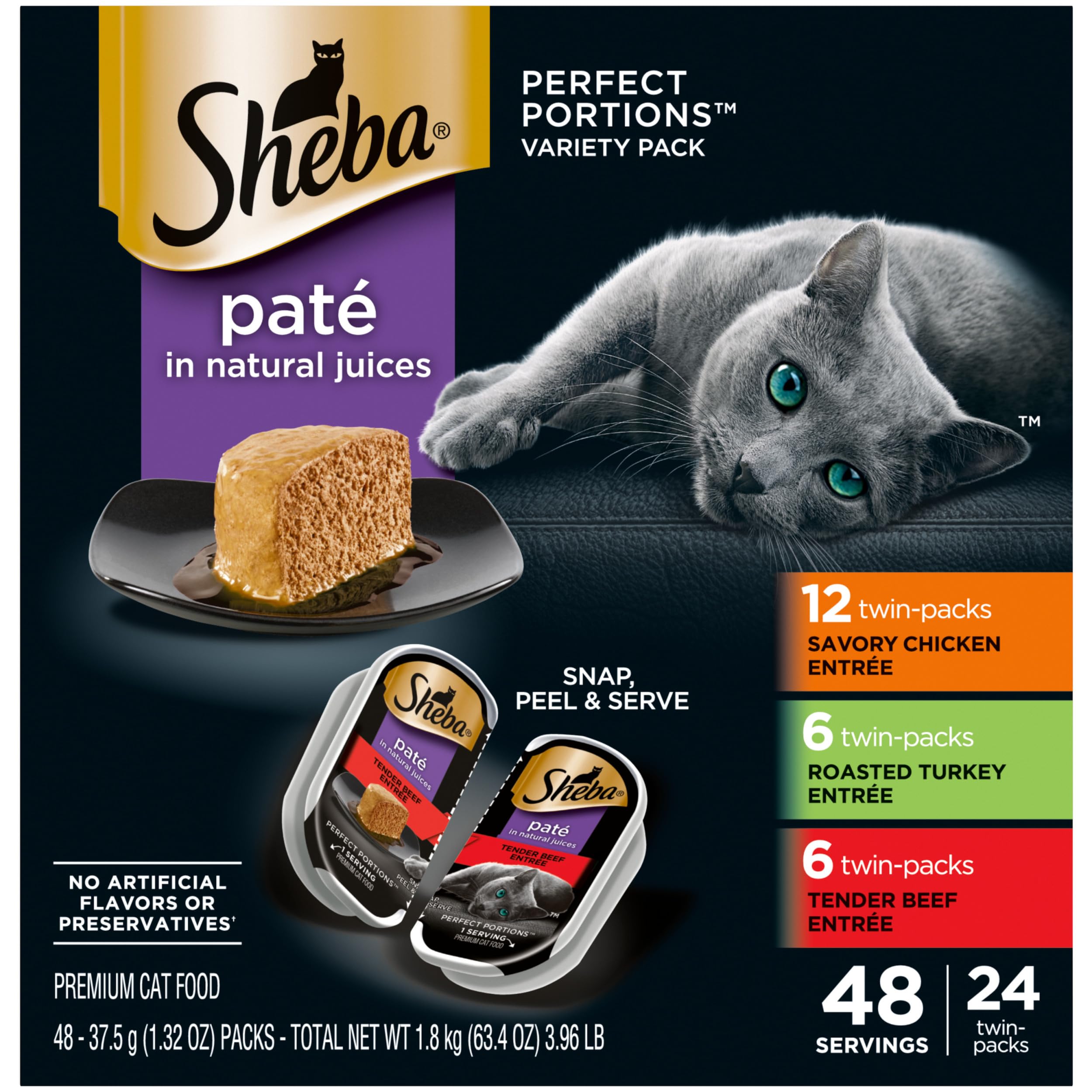 SHEBA Perfect Portions Pat   Wet Cat Food Trays (24 Count, 48 Servings), Savory Chicken, Roasted Turkey, and Tender Beef Entr  e