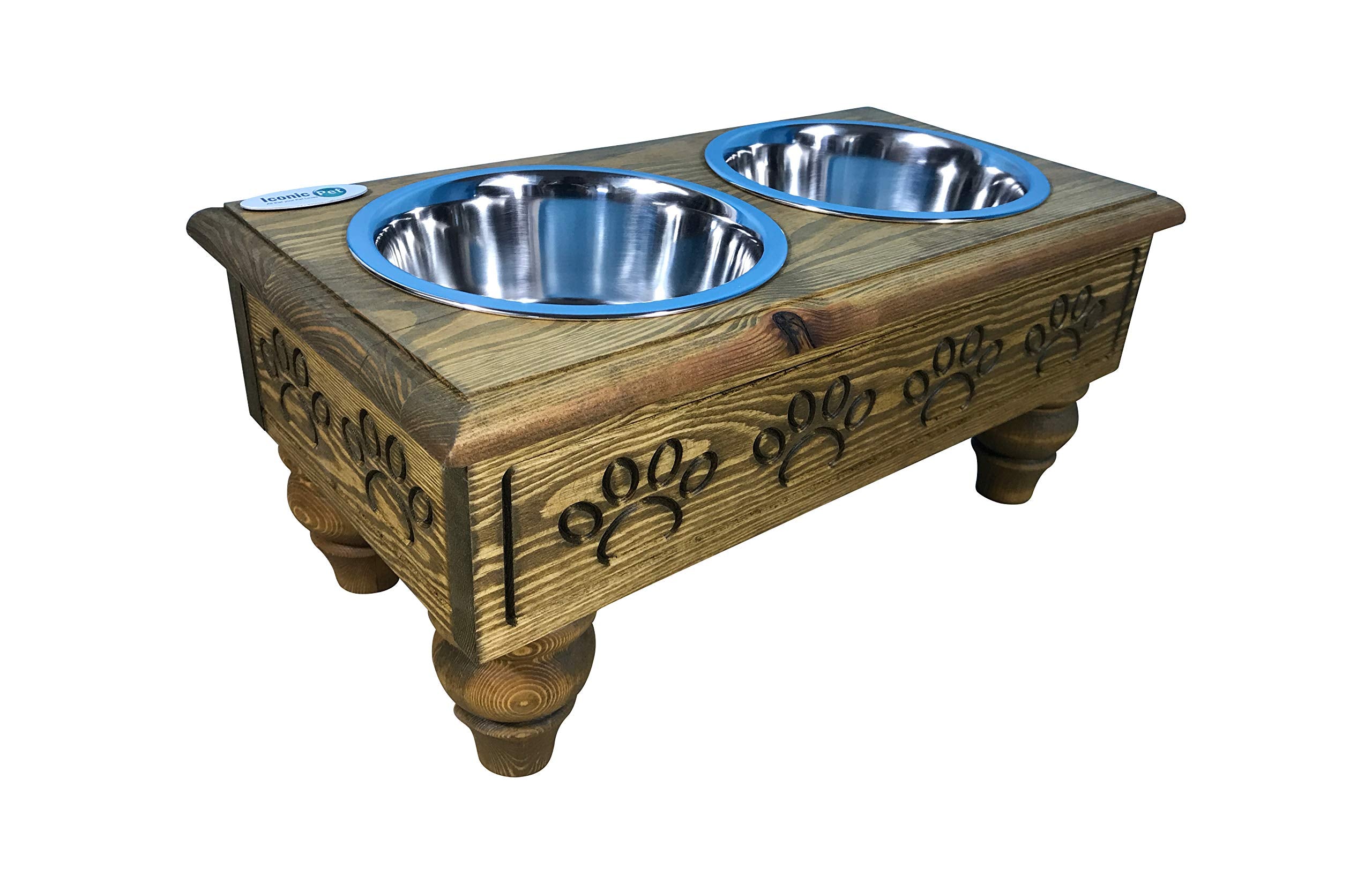 Iconic Pet Sassy Paws Raised Wooden Pet Double Diner with Stainless Steel Bowls for Dogs In Varying Sizes & Colors (Rustic Brown