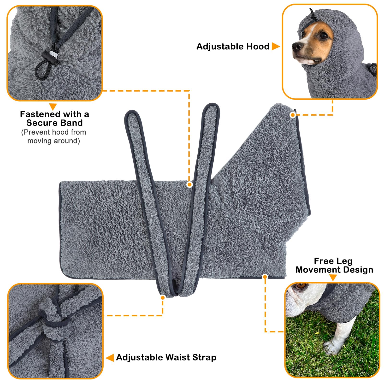 Bienbee Soft Dog Bathrobe,Super Absorbent & Quick-Drying Dog Robe With Hood, Cozy Drying Coat For After Bath, Grey Xl