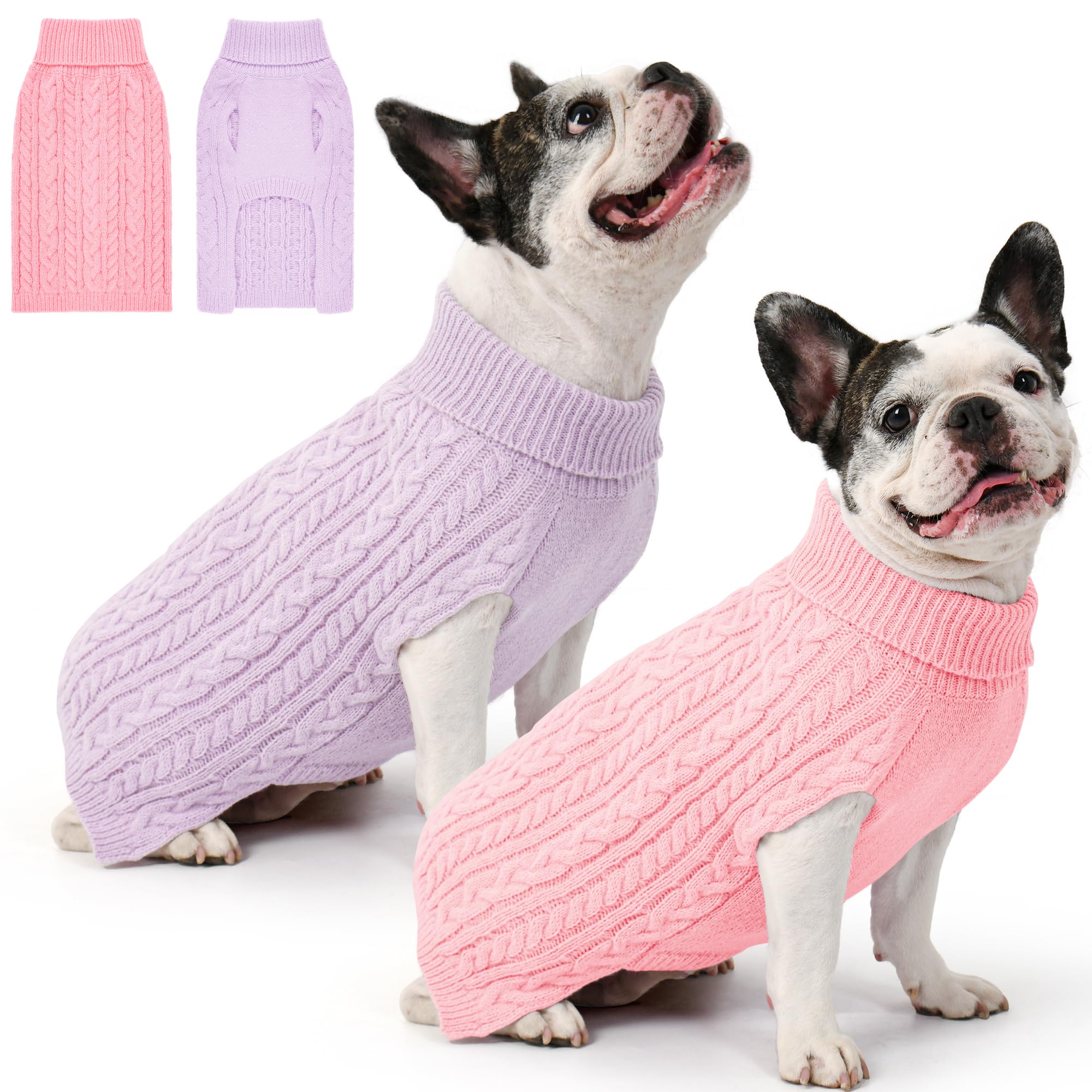 Lorehelina 2 Pack Dog Sweaters for Medium Dogs Winter Turtleneck Pullover Cable Knit Fleece Stretch Frenchie Dachshund Pug Corgi