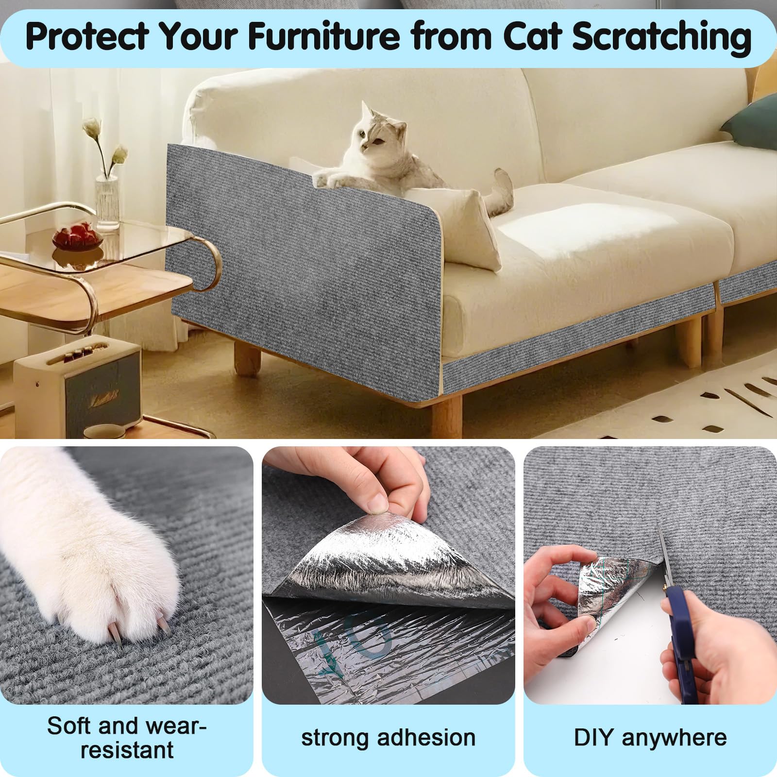 Self-Adhesive Cat Scratching Mat - Durable Couch Protector For Furniture, No Residue, Customizable, Safe For Cats, Easy Installa