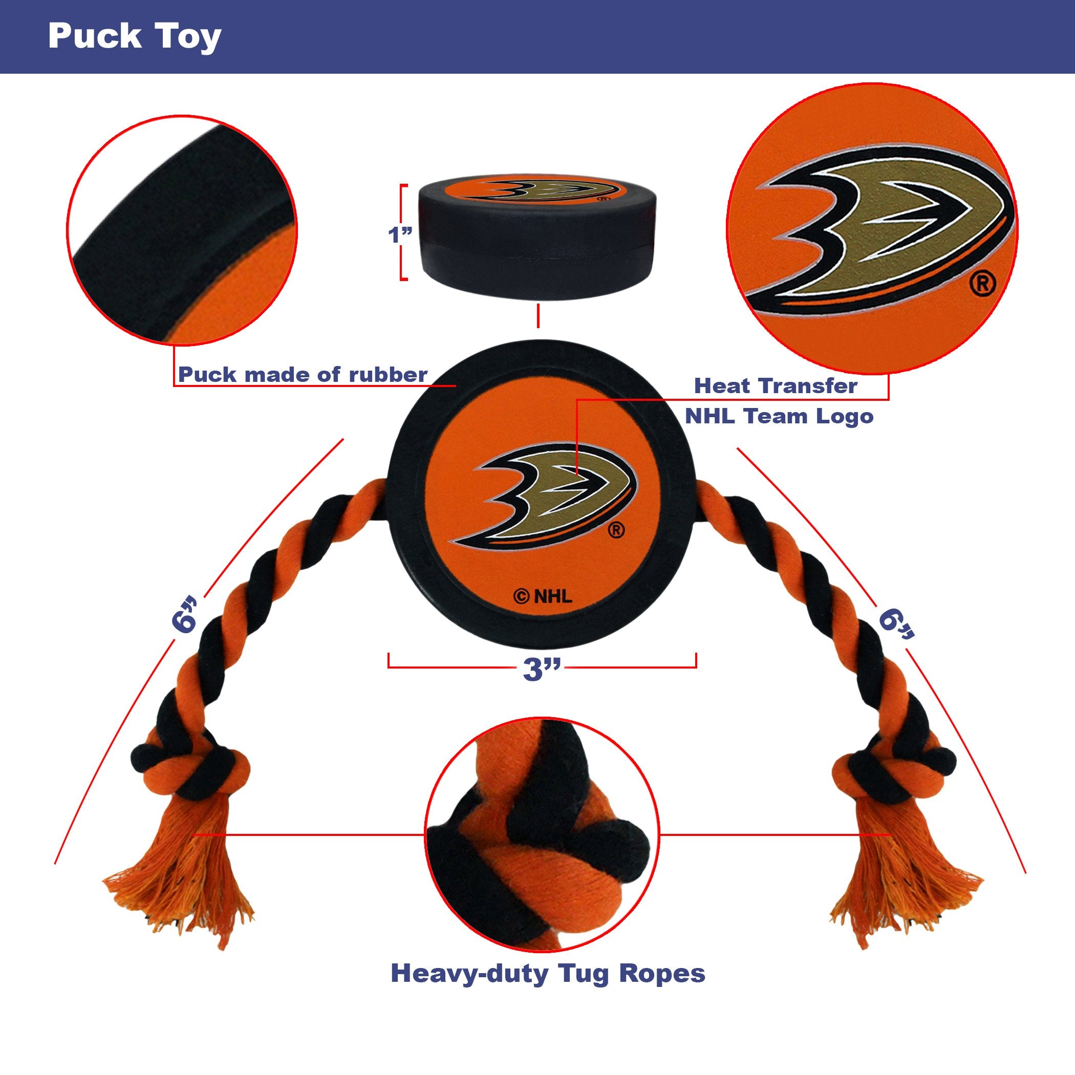 First Dog Puck Rubber Toy - Heavy-Duty Rope Tug for Dogs & Cats - Play Hockey with Your Pet - NHL Anaheim Ducks Licensed Toy