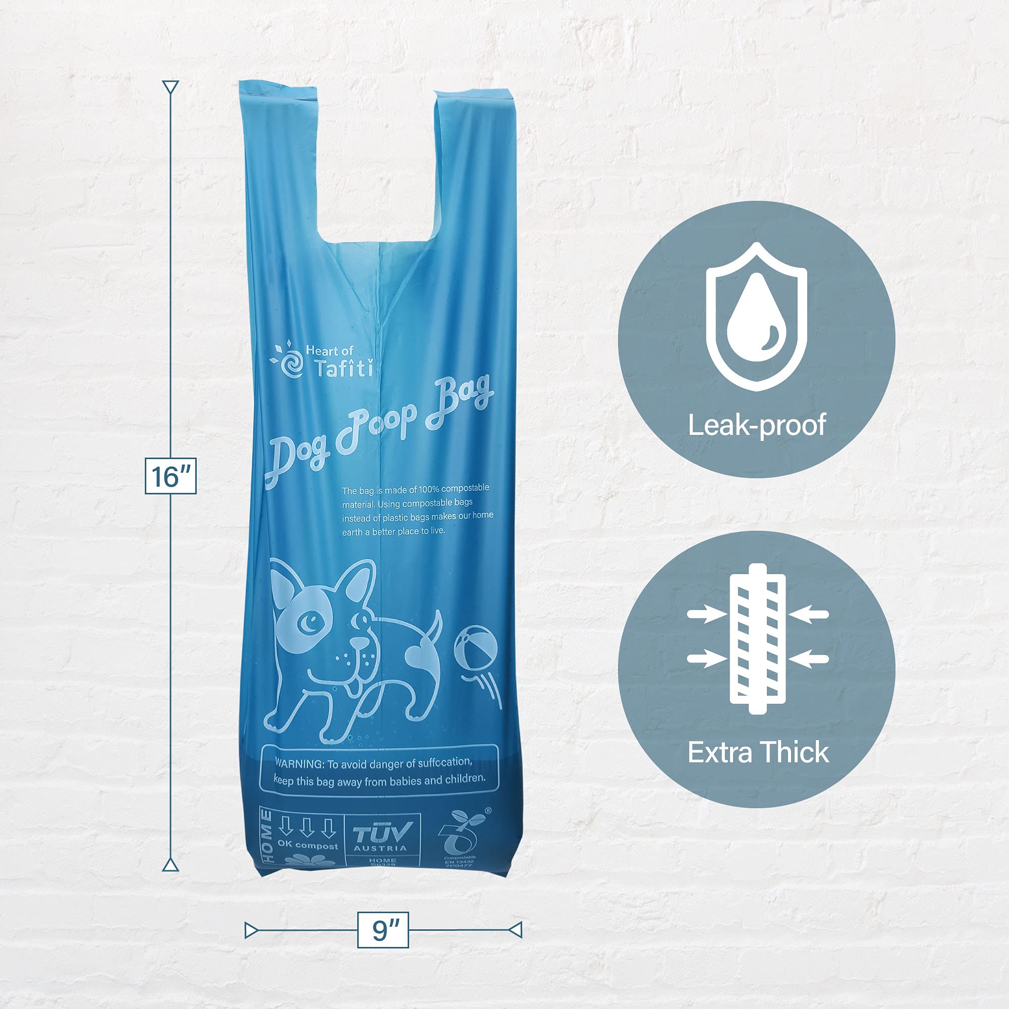 Heart of Tafiti Compostable Dog Poop Bags, Extra Thick & Leak Proof, Unscented, 180 Count, Eco-Friendly, 9 x 16 Inches