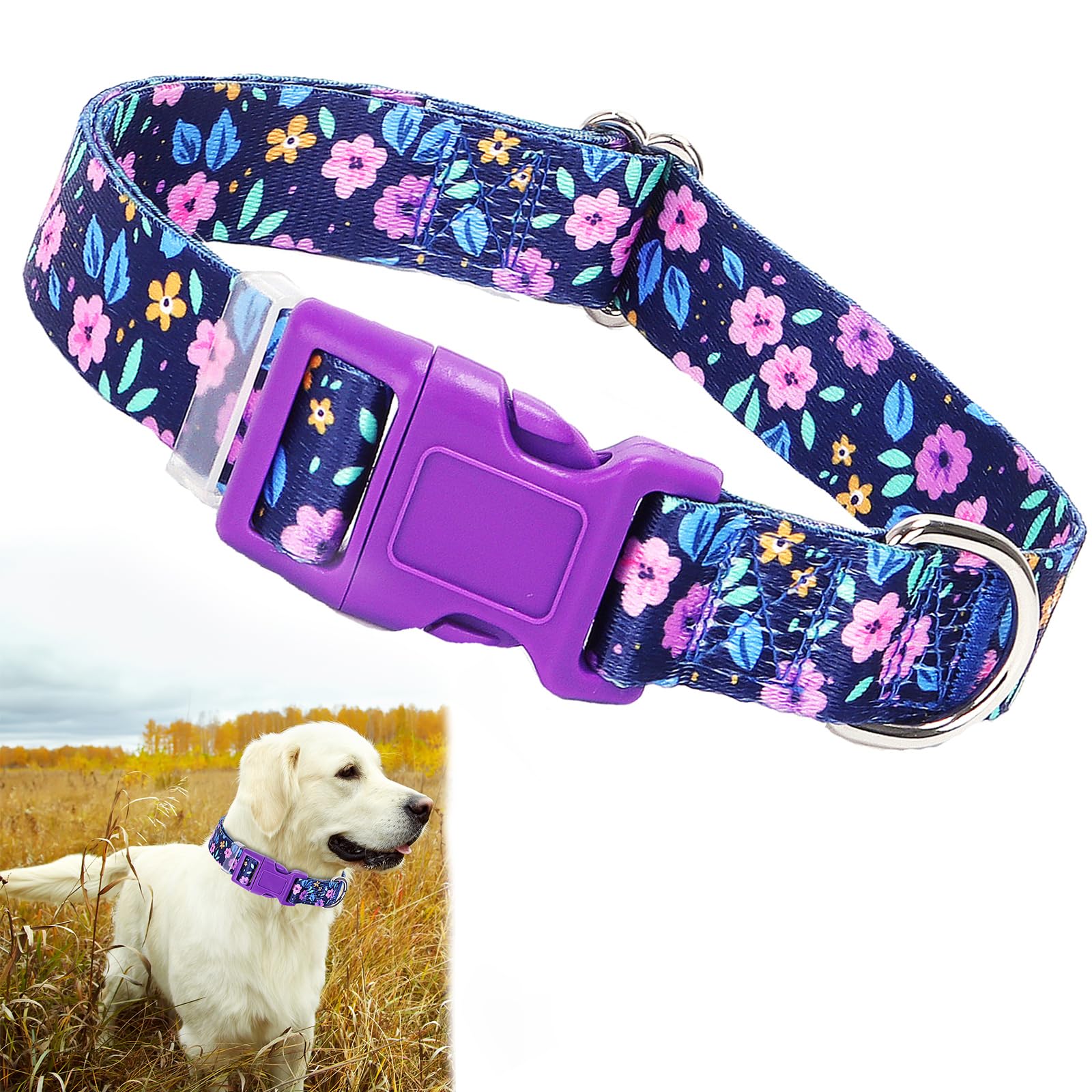 Purple Dog Collars For Large Dogs,Cute Girl Dog Collar With Boho Flowers Patterns,Adjustable Comfy Soft Durable Pet Collar For S