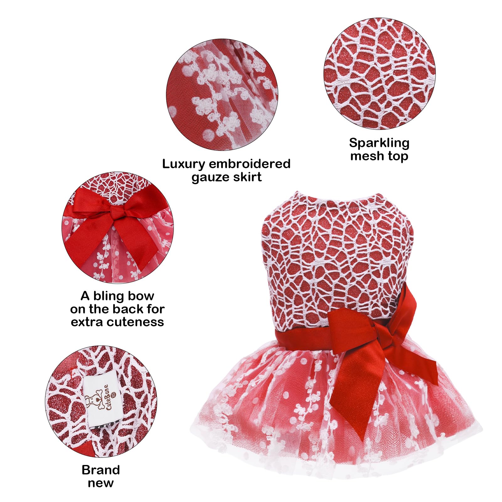 Cutebone Red Dog Dress Outfit Puppy Skirt Shining Embroiderd Tutu With Bowknot Pet Clothes Girl For Wedding Birthday Party Cat Apparel Dd09S