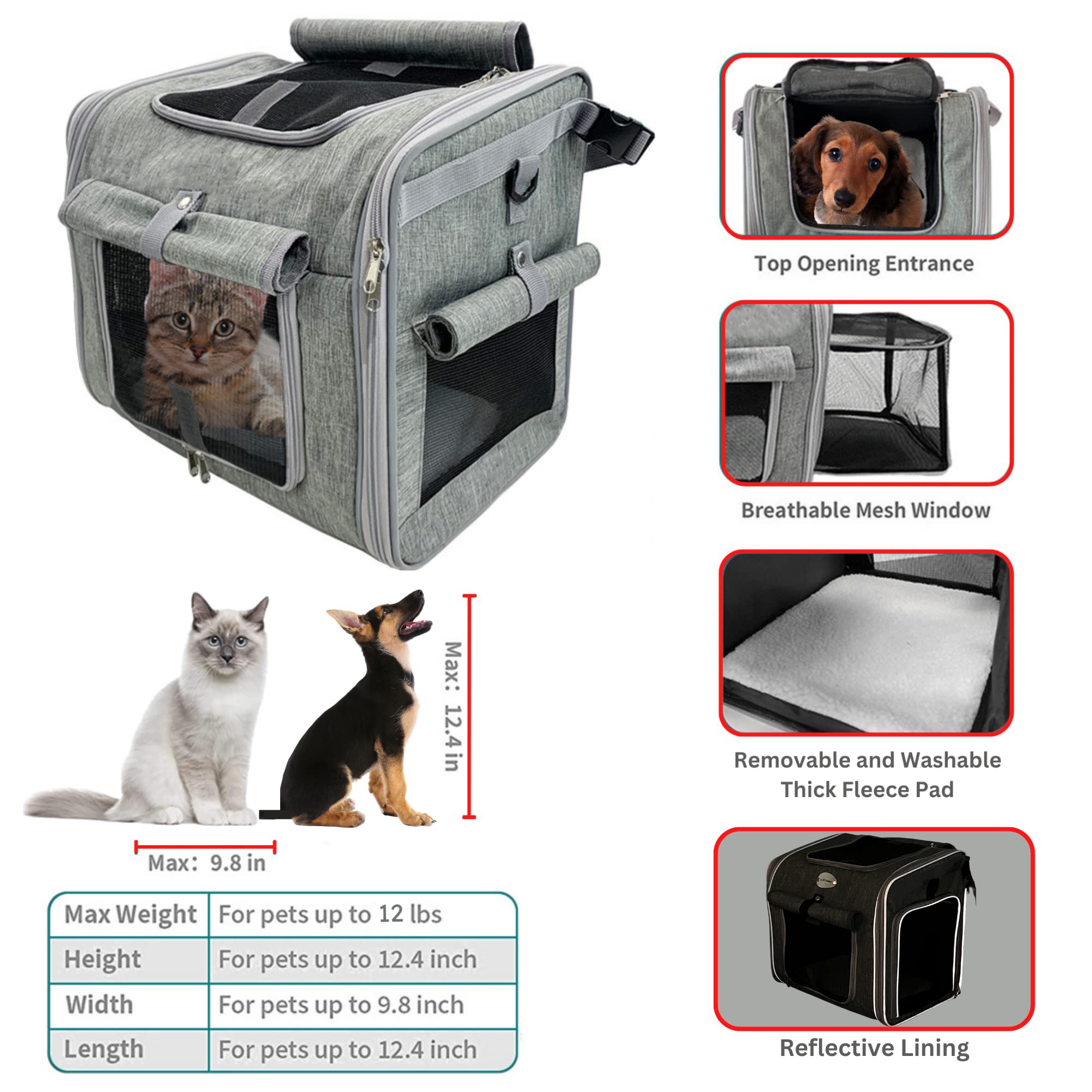 Cozy Cruiser Dog Bike Basket, Expandable Soft-Sided Reflective Pet Carrier Backpack with 4 Open Doors, 4 Mesh Windows for Medium
