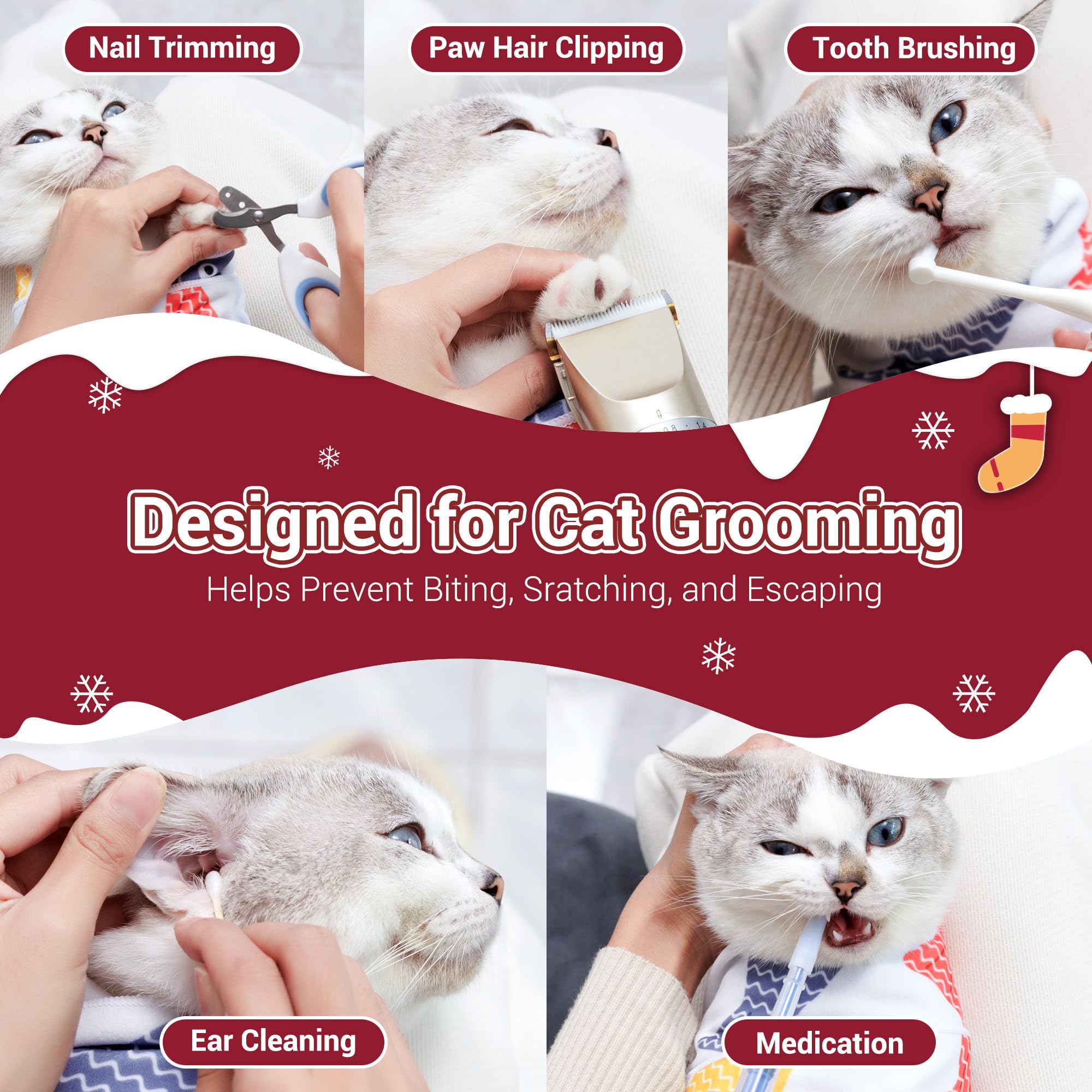 27.5'' Large Cat Wrap For Nail Trimming,Self-Adherent Cat Grooming Wrap For Adult Cat & Small Dog, Anti-Scratch Cat Swaddle Burr