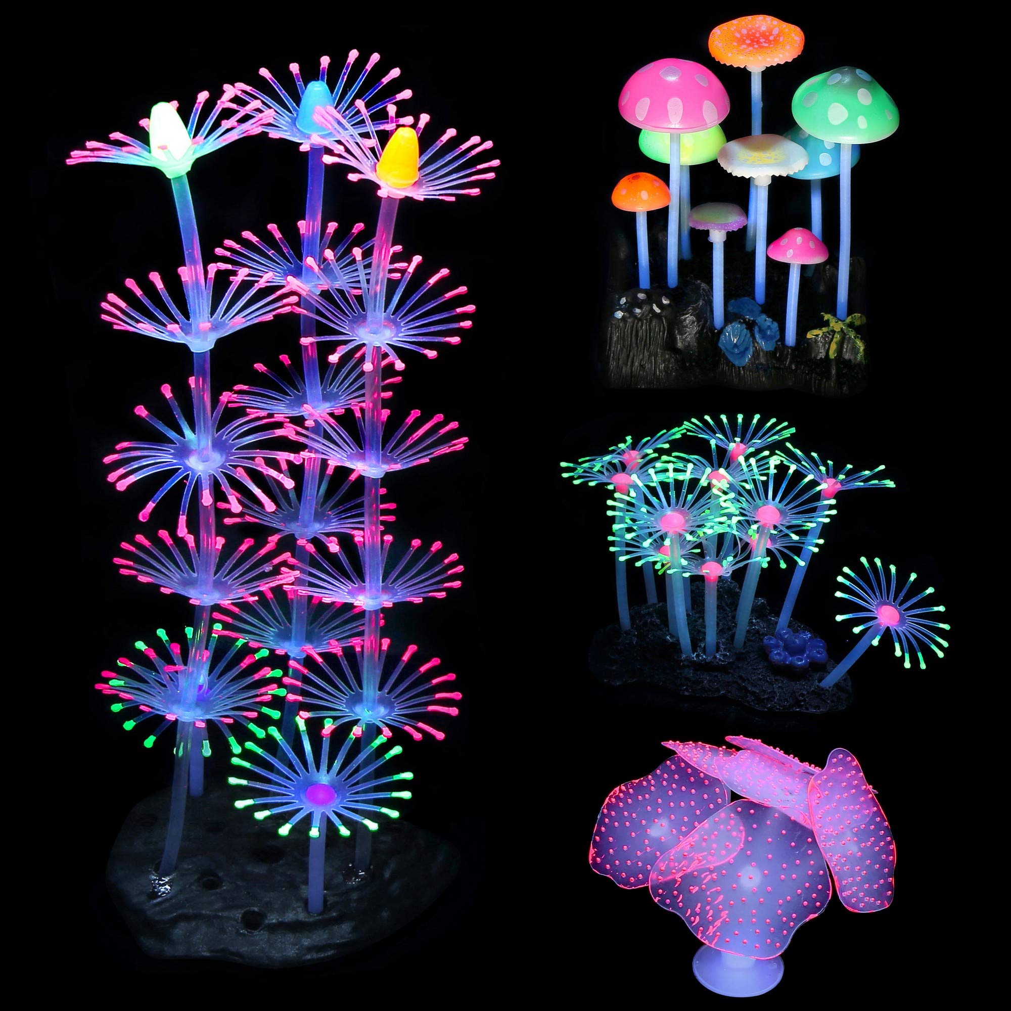 Lpraer 4 Pack Glow Aquarium Decorations Coral Reef Glowing Mushroom Anemone Simulation Glow Plant Glowing Effect Silicone for Fi