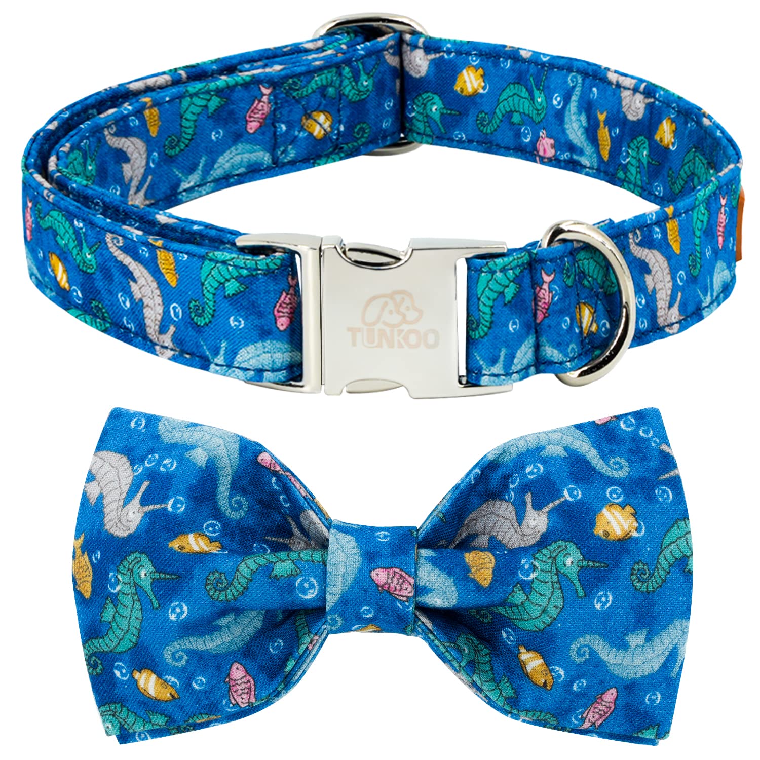 Tunkoo Dog Collar With Bow Tie Elegant Hippocampus Soft Comfy Cotton Adjustable Collar Premium Metal Buckle,Small Medium Large P