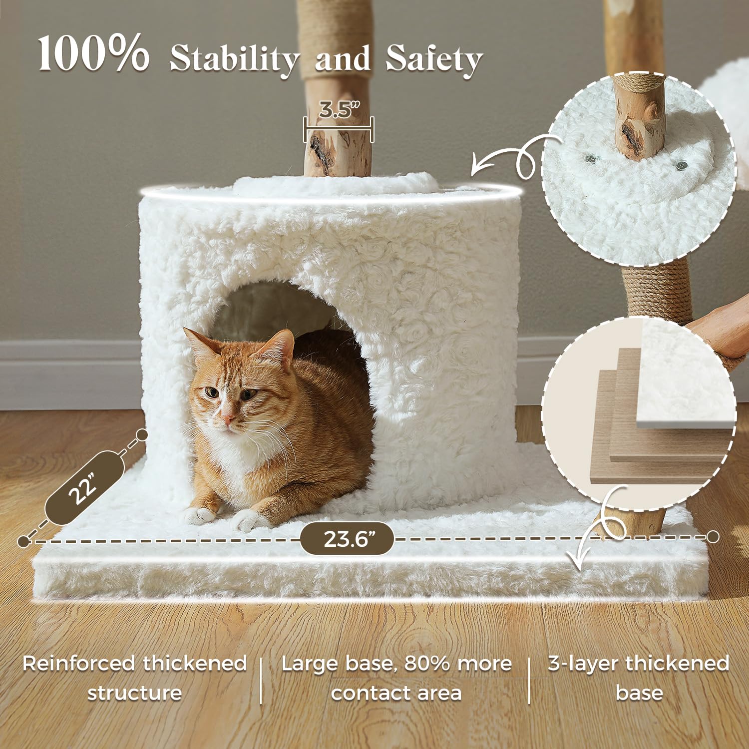 Muttros 59' Modern Cat Tree Tower For Large Cats W/2 Flower Perches-Natural Solid Wood Scratching Post With Real Branch-Luxury
