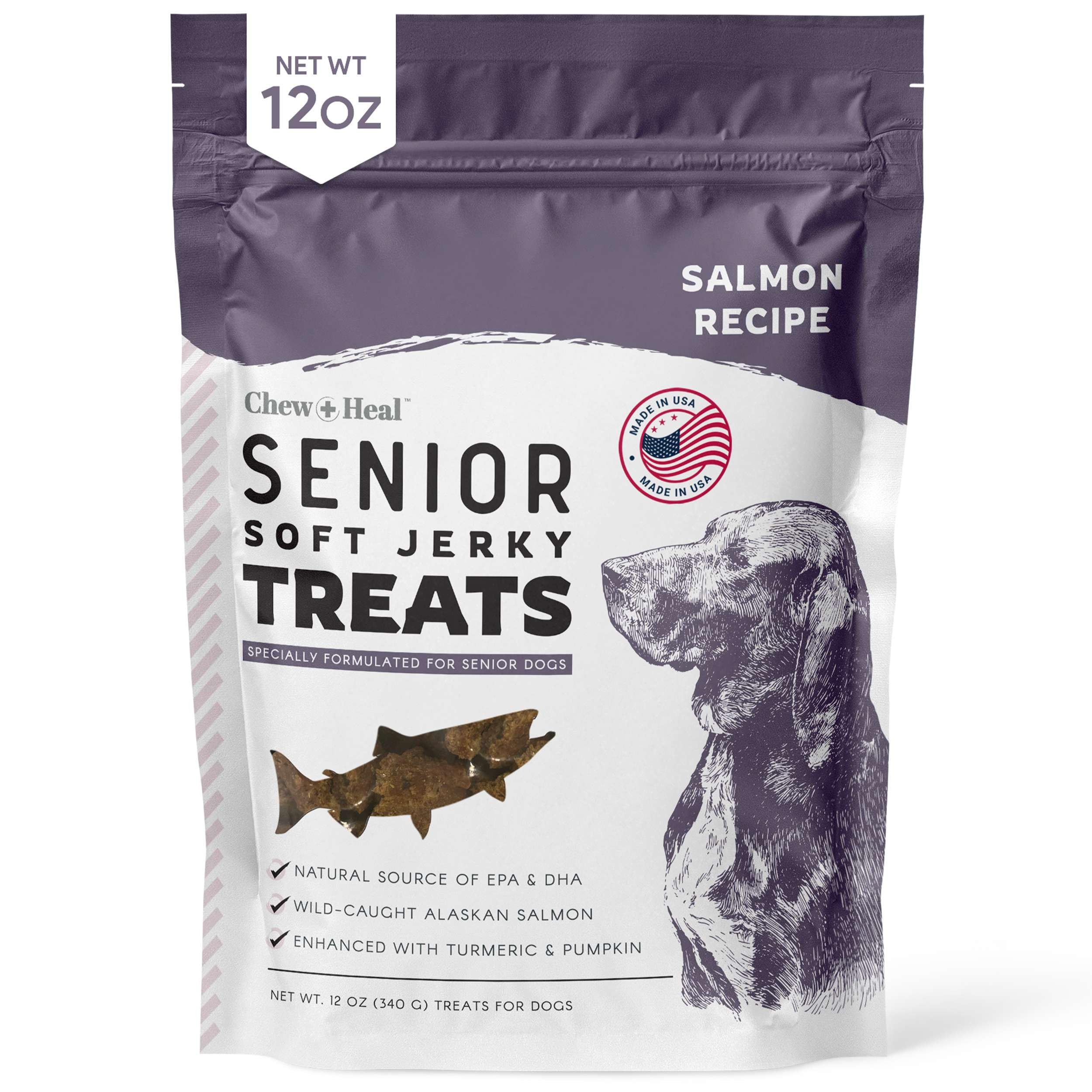 Seniors Soft Jerky Salmon Dog Treats - 12 oz of Omega Dog Joint Supplement, Wild Caught Salmon and Turmeric Jerky - Made in The 