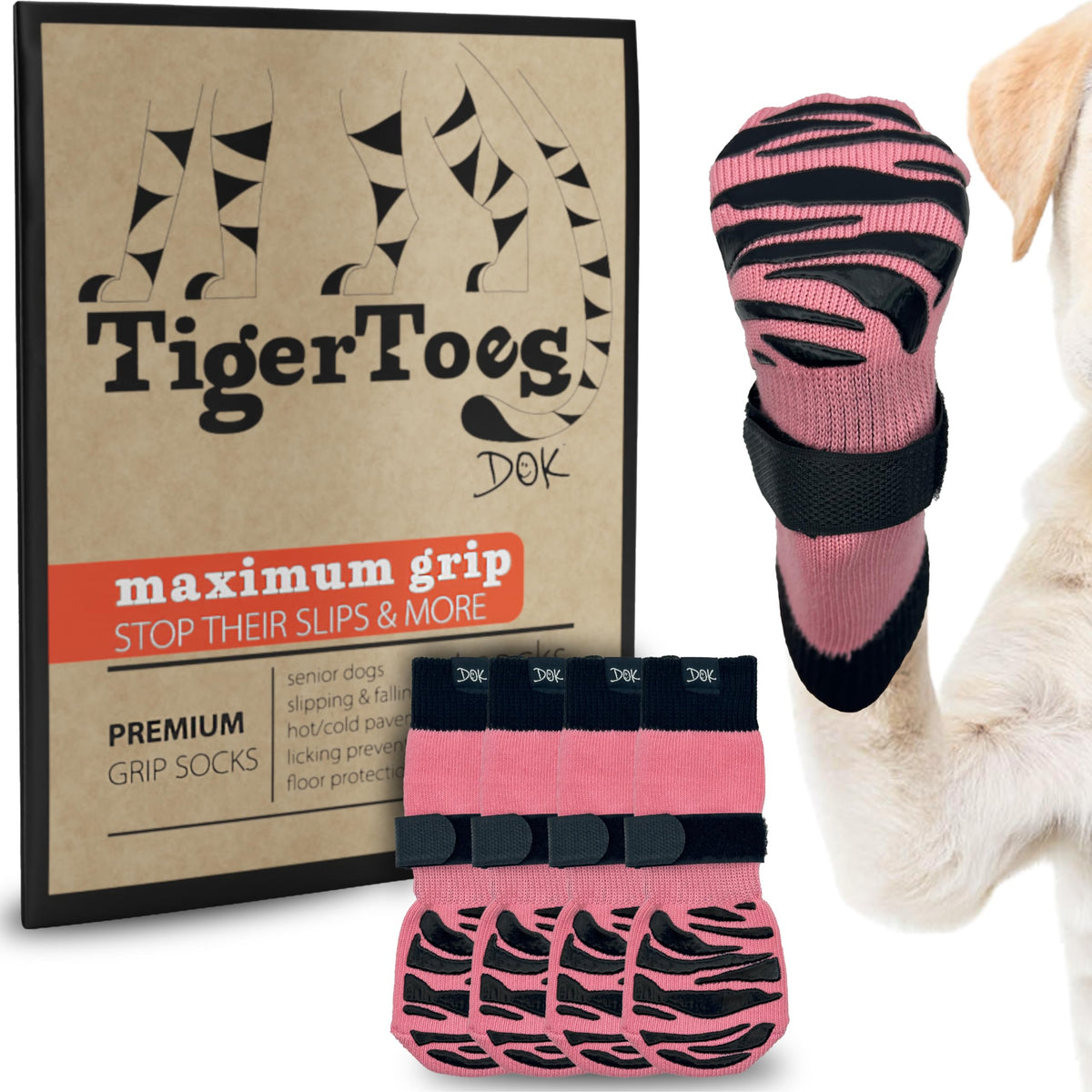 Dok Tigertoes Premium Non-Slip Dog Socks For Hardwood Floors - Extra-Thick Grip That Works Even When Twisted - Prevents Licking, Slipping, And Great For Dog Paw Protection (Xxs, Sassy Pink)