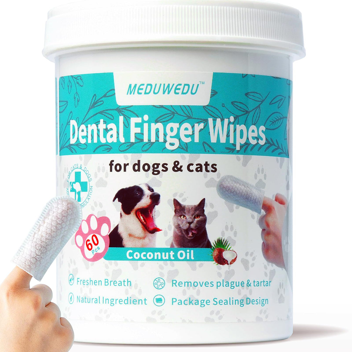 Meduwedu Dental Care Finger Wipes 60 Counts,Teeth Cleaning Finger Wipes For Dogs & Cats,Reduces Plaque & Supports Oral Freshness, Coconut Scent