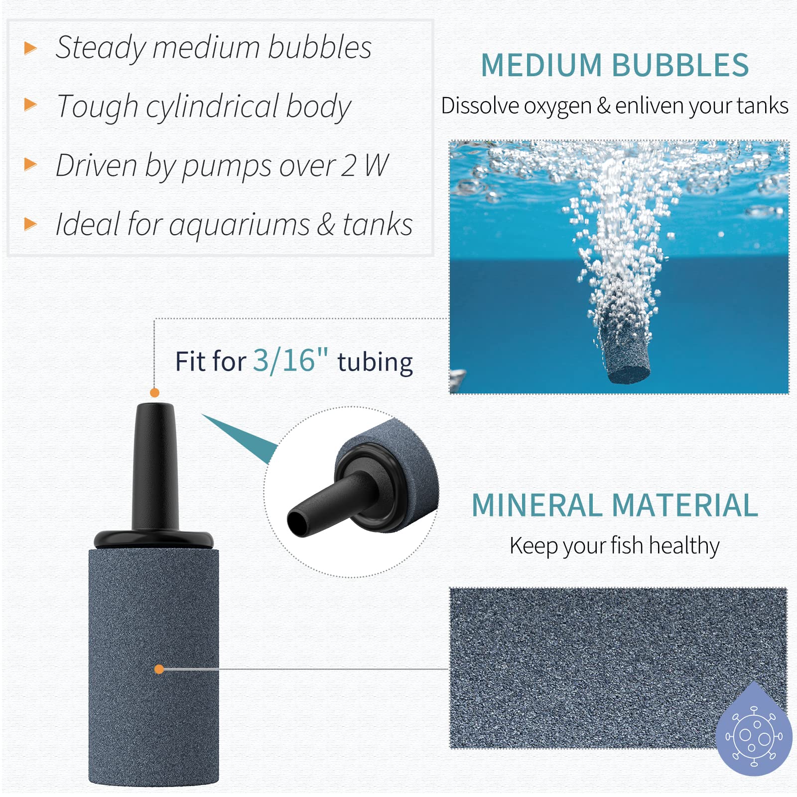 Pawfly Corded Electric Aquarium 1 Inch Air Stone Cylinder Grey Bubble Diffuser Release Tool For Nano Air Pumps Small Buckets And