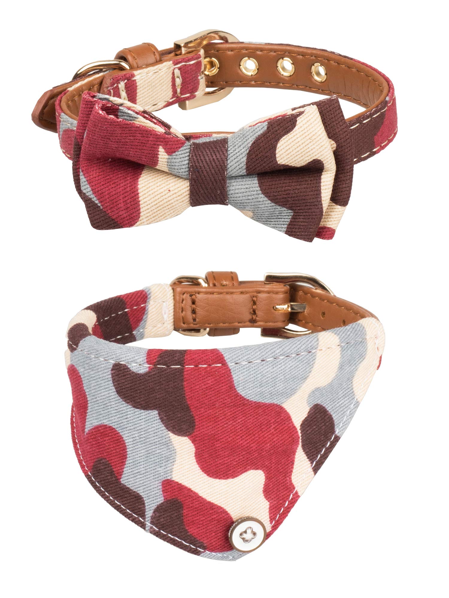 Gyapet Small Dog Collar Puppy Cat Tiny Pet Bow Tie & Bandana 2Pcs Set Pu Leather Canvas Scarf Durable Camo-Red