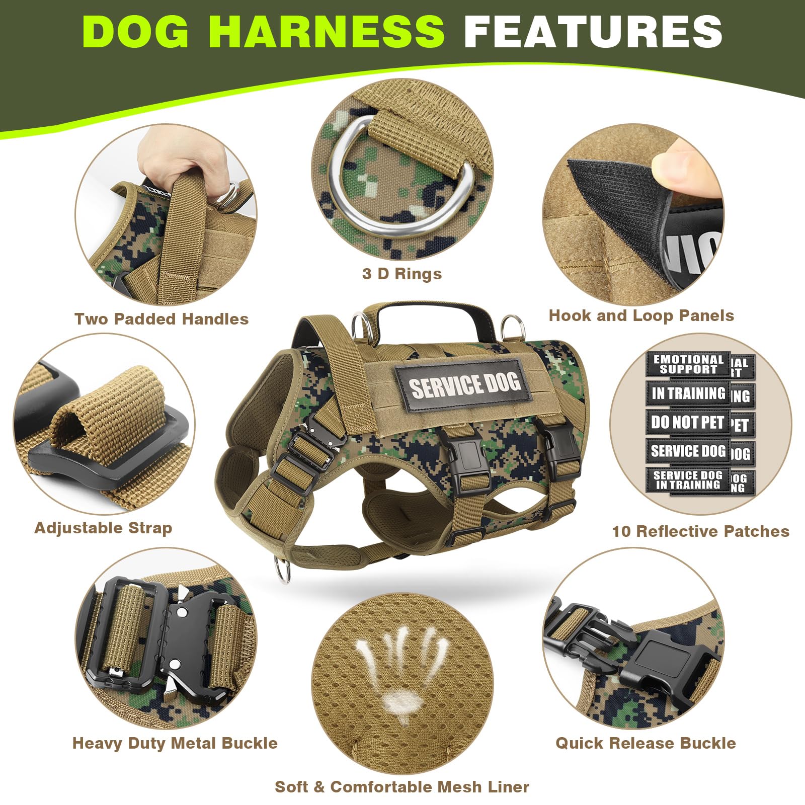 Winsee Tactical Dog Harness With Dog Leash, Service Working Molle Vest With 10 Pet Patches For Dog, No Pull Military Harness And