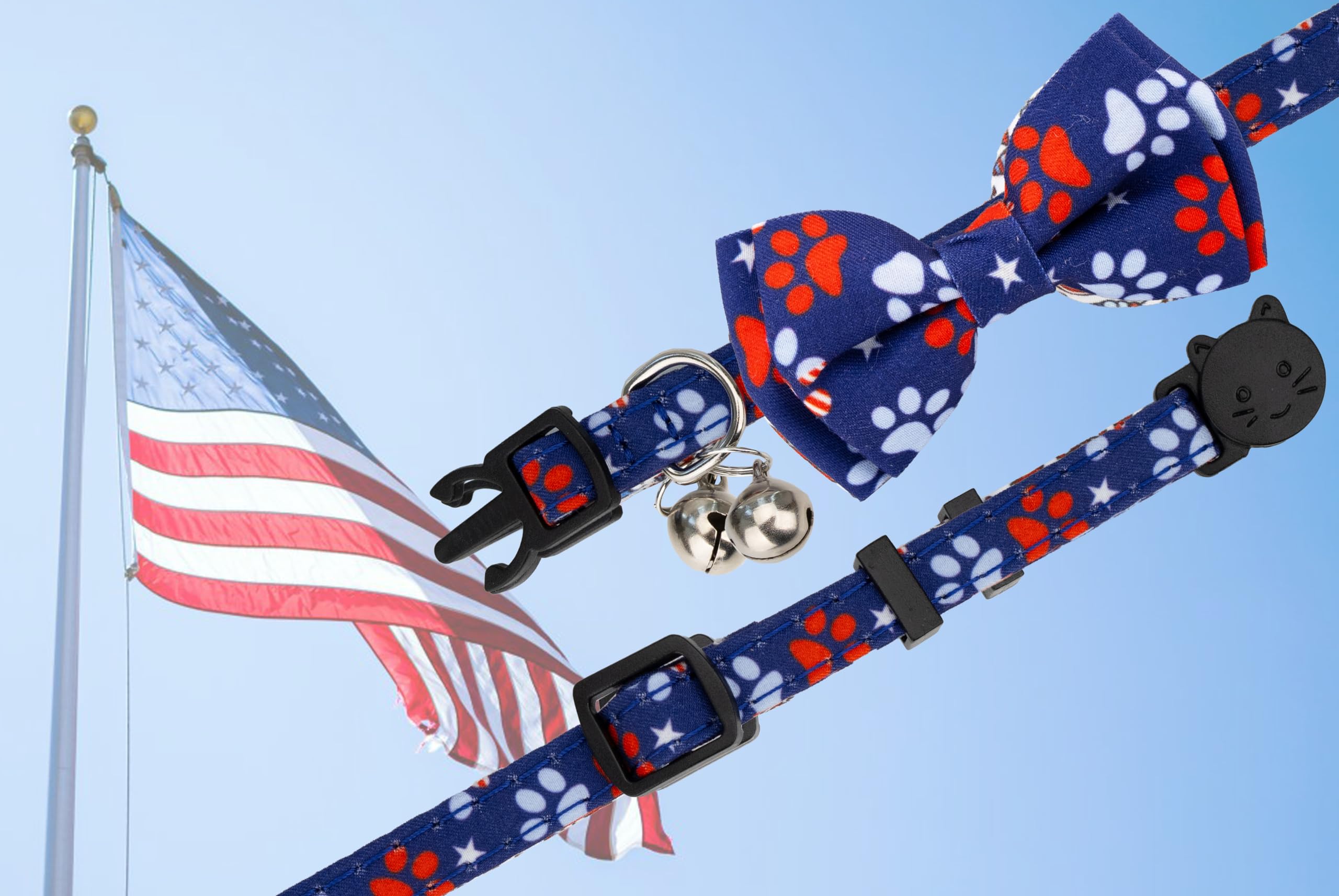 Gyapet Cat Collar With Bowtie Bell Safety Breakaway Kitten 7-11In 4Th Of July Independence Day Adjustable Us Flag-Paws