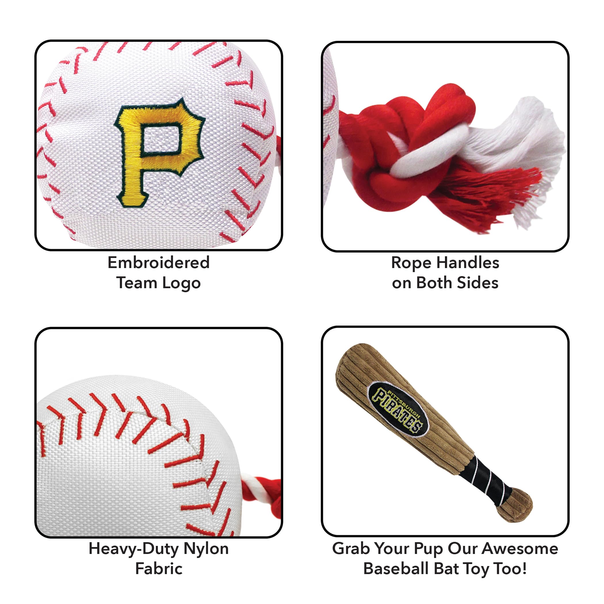 Mlb Pittsburgh Pirates Baseball Rope Toy For Dogs & Cats. Tough Nylon, Sporty Baseball Design, Heavy-Duty Ropes With Inner Squea