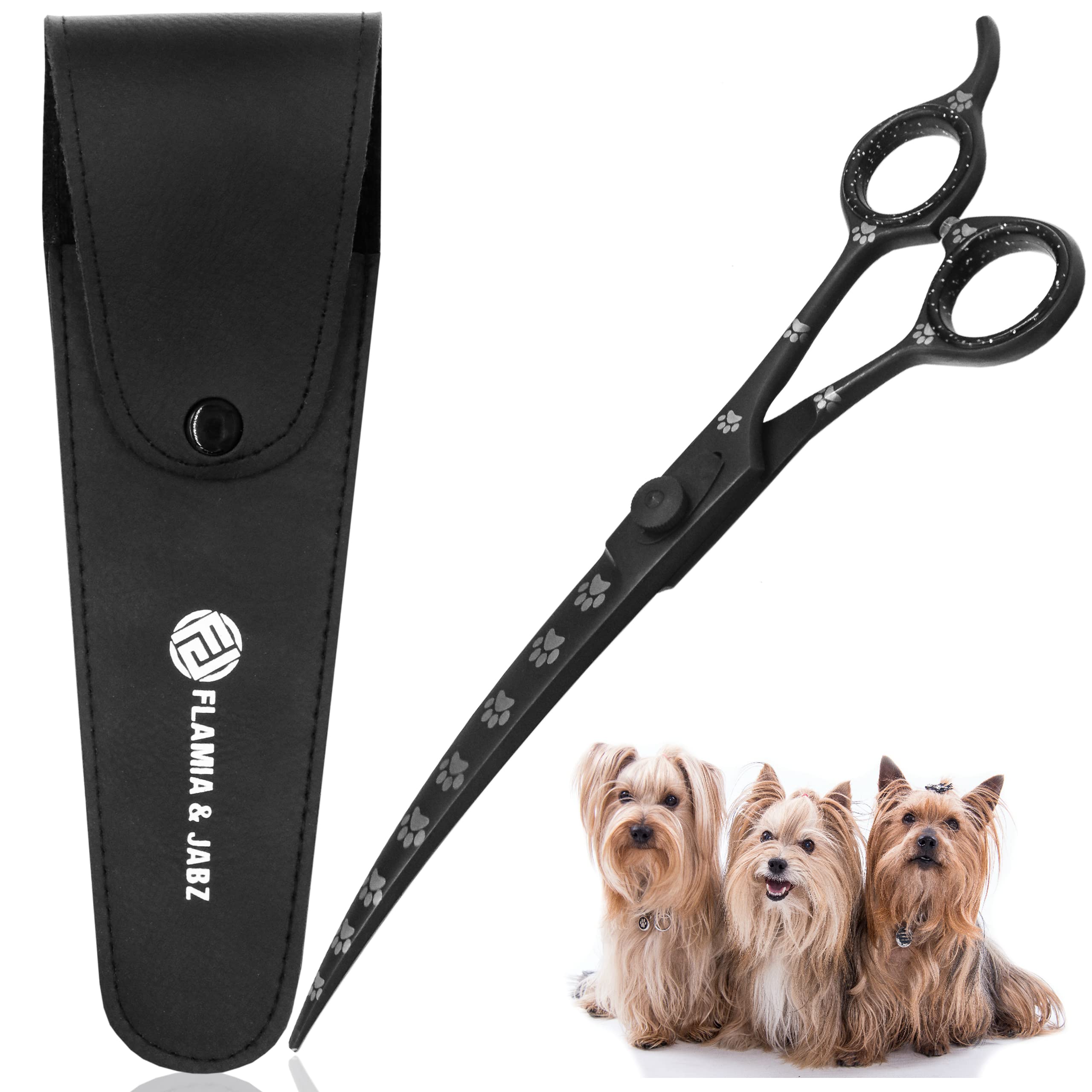 Professional Dog Grooming Scissors/Shears, Curved, with Paw Prints for Dogs, Cats & Pets (Right Handed, Black, Stainless Steel 8